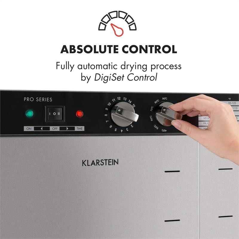 Klarstein Dörrautomat Edelstahl – 4.000-W-Dörrgerät, 48 Edelstahl-Einlegeböden, 30–90 °C, 24-Stunden-Timer, 6 Ventilatoren, 2 Trockenkammern, 50–55 dB, ideal für Obst, Gemüse, Fleisch, Kräuter, Silberk