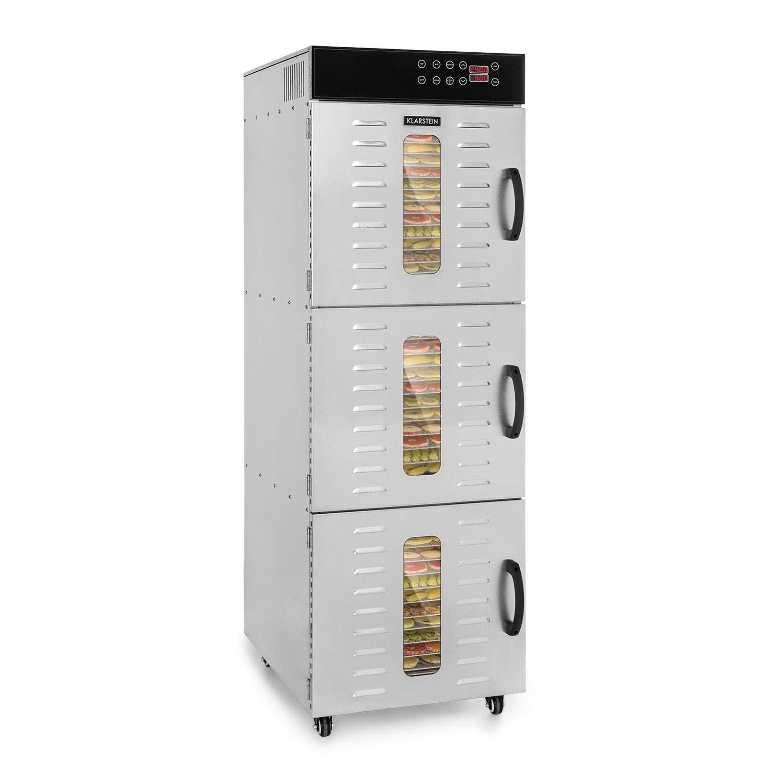 Klarstein Dörrautomat Edelstahl – 4.000-W-Dörrgerät, 48 Edelstahl-Einlegeböden, 30–90 °C, 24-Stunden-Timer, 6 Ventilatoren, 2 Trockenkammern, 50–55 dB, ideal für Obst, Gemüse, Fleisch, Kräuter, Silberk