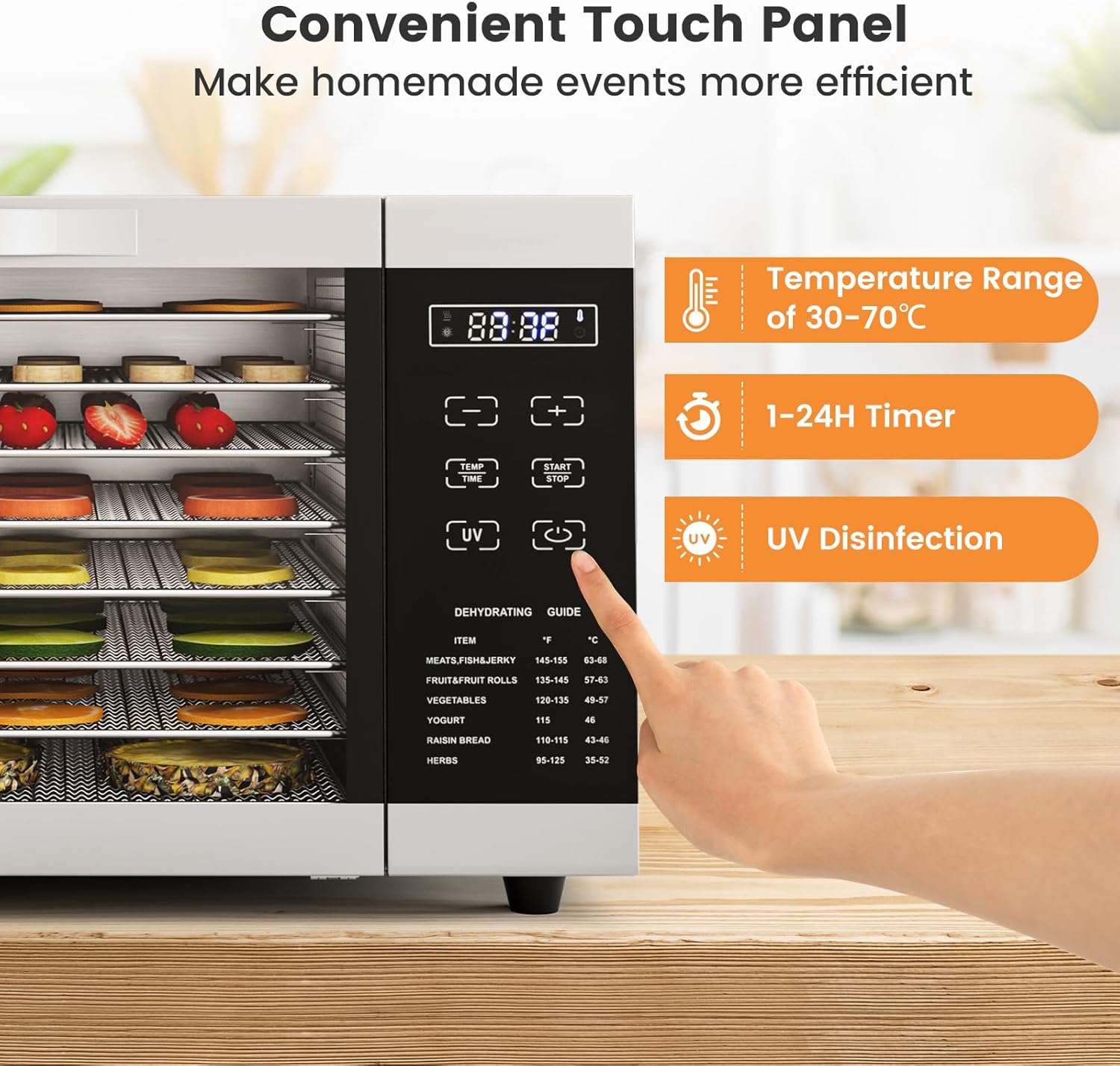 RELAX4LIFE Dörrautomat Edelstahl, Dörrgerät Temperatur einstellbar 30-70℃, Food Dehydrator inkl. 8 Edelstahl-Dörrtabletts, Touch-Display, 24 Std, für Lebensmittel Fleisch Früchte Gemüsek