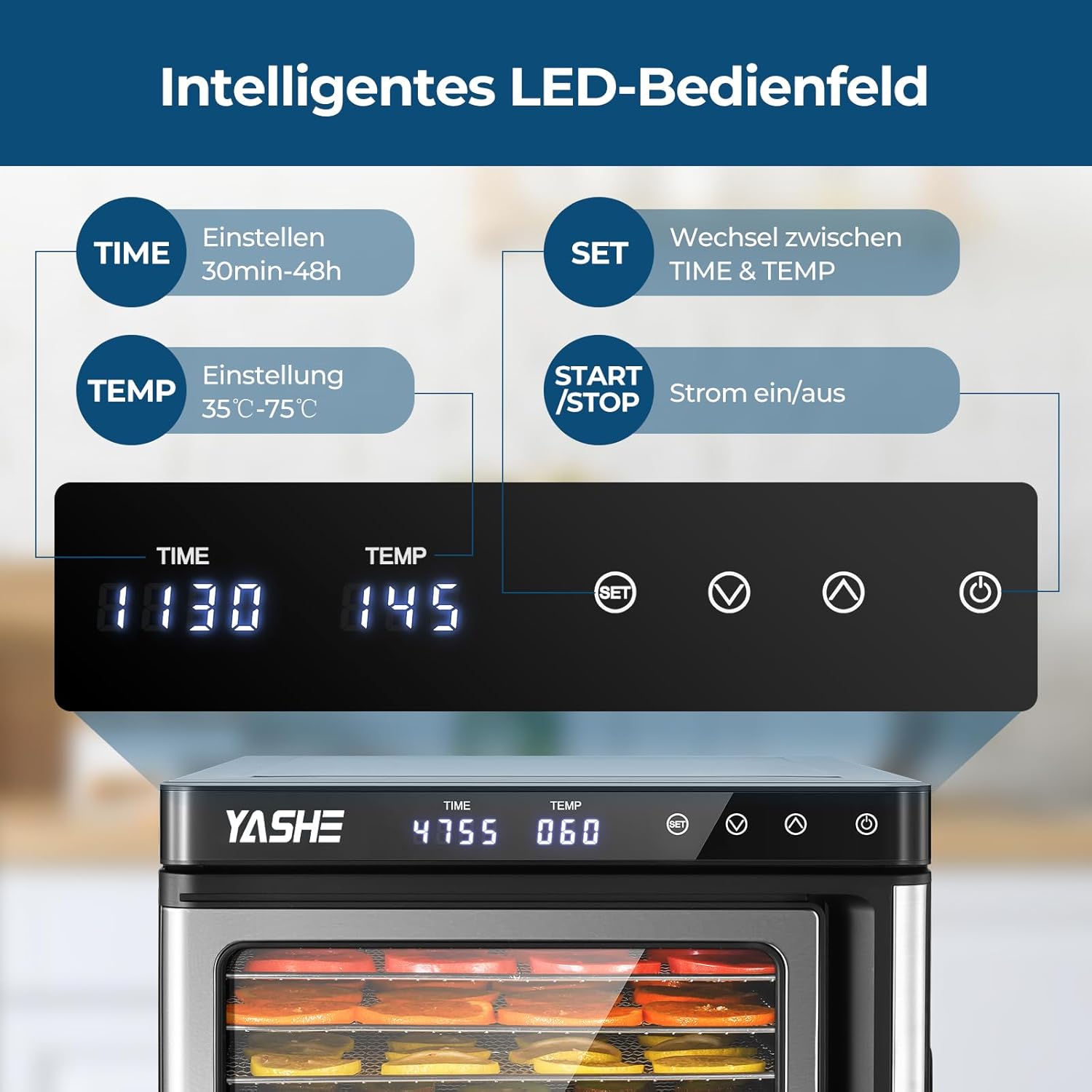 Edelstahl Dörrautomat, 1000W Dörrgerät für Obst und Gemüse mit LED-Anzeige, präziser Temperaturregelung (35-75°C), 48-Stunden-Timer, 9 Edelstahlschalen, 2 Maschensiebe, 1 Schale für Obstrollenk