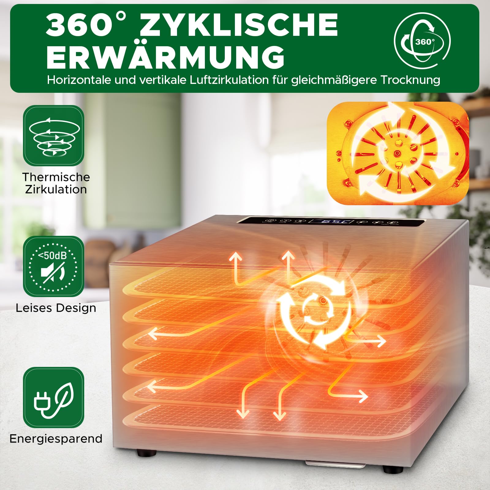 Kwasyo Dörrautomat Edelstahl DA 1000, XXL-Dörrfläche 1,8 m², Dörrgerät Temperatur einstellbar 30-90℃, LED-Display, 24 Std, BPA-frei, mit Rezeptheft, 10 Edelstahl-Dörrtablettsk
