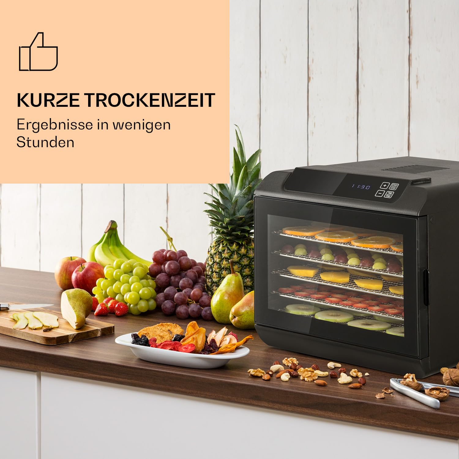 Klarstein Arizona Jerky Dörrautomat - Dörrgerät, Dehydrator, trocknet Obst, Fleisch und Früchte, 500 Watt, 35-70°C, 6 spülmaschinenfeste Einlagefächer, kurze Trockenzeit, Touch-Display, schwarzk