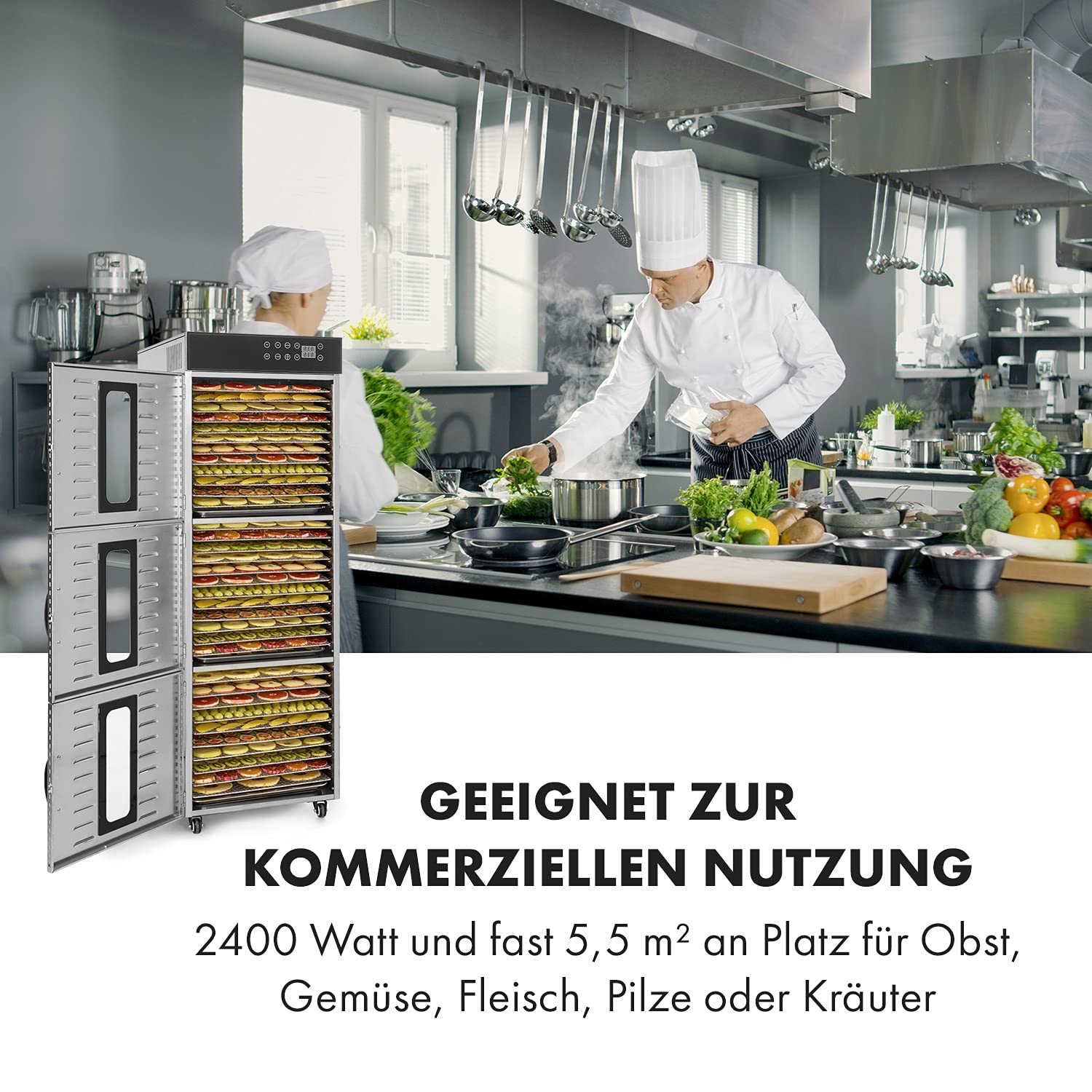 Klarstein Dörrautomat Edelstahl – 4.000-W-Dörrgerät, 48 Edelstahl-Einlegeböden, 30–90 °C, 24-Stunden-Timer, 6 Ventilatoren, 2 Trockenkammern, 50–55 dB, ideal für Obst, Gemüse, Fleisch, Kräuter, Silberk