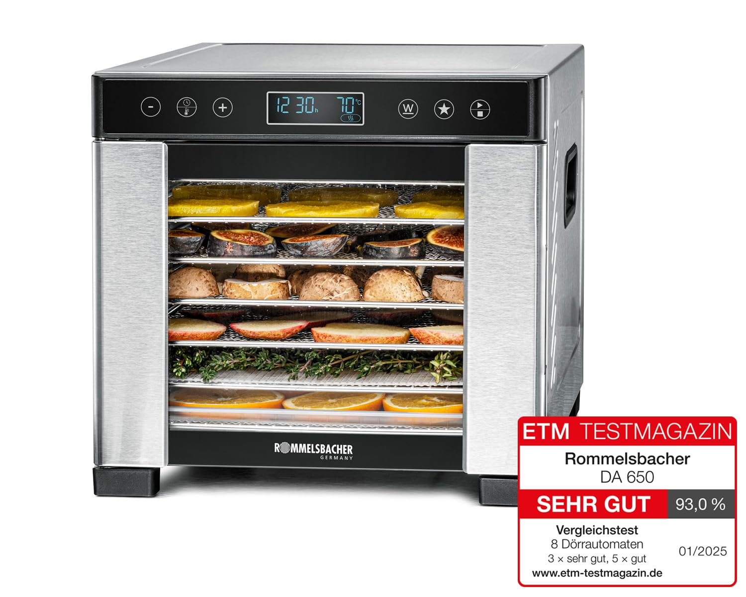 ROMMELSBACHER Dörrautomat DA 1000, XXL-Dörrfläche 1,6 m², inkl. 10 Edelstahl-Dörrtabletts, 2 Dörrgitter, 2 Dörrmatten, LED-Display, 24 Std. Zeitschaltuhr, Temperatur einstellbar (35 °C – 75 °C)k