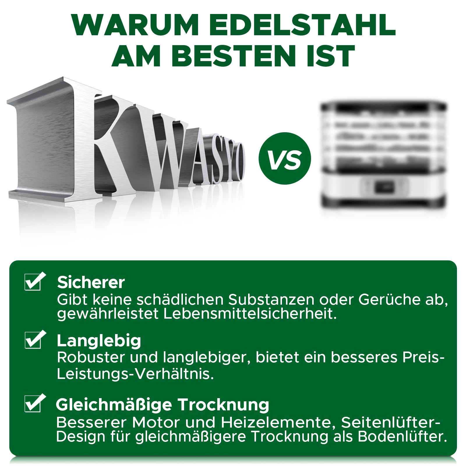 Kwasyo Dörrautomat Edelstahl Trockenkapazität 3,8 kg Rindfleisch, 0,67 m² Trockenfläche, 8 Edelstahl-Dörrtabletts (28x30 cm), 35-85°C Dörrgerät für Hundeleckerlis, Kräuter, Fleisch, Obst, Joghurtk