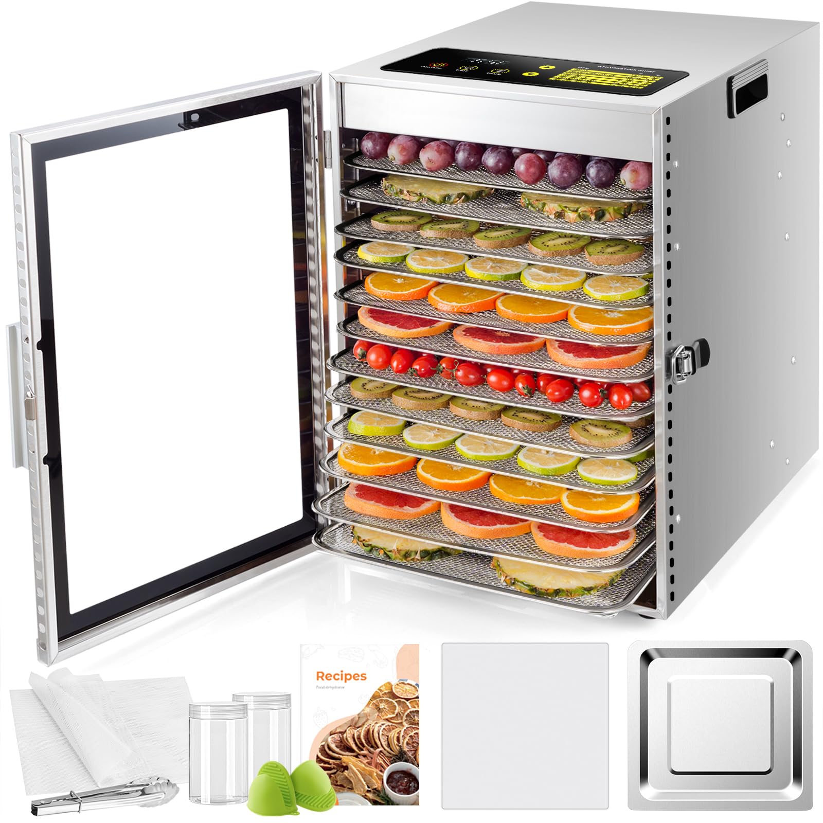 Kwasyo Dehydrator Stainless Steel, Double Fan 360° Efficient Dry, Dehydrator 12 Levels, 20-90°C Temperature Control, 24 Hour Timer, Overheating Protection, Recipe Book for Meat, Fruit, Vegetables,k