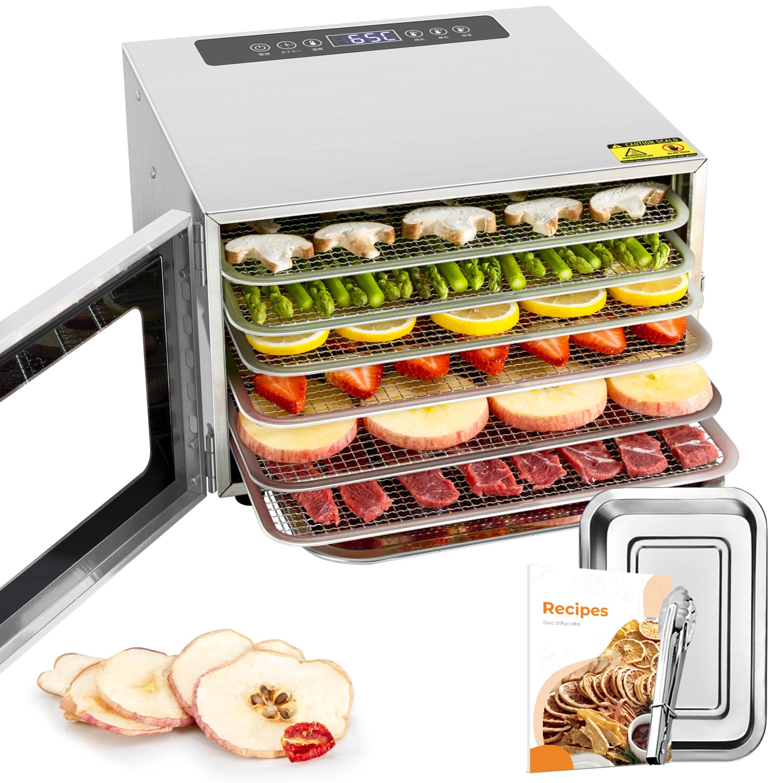 Kwasyo Dörrautomat Edelstahl DA 1000, XXL-Dörrfläche 1,8 m², Dörrgerät Temperatur einstellbar 30-90℃, LED-Display, 24 Std, BPA-frei, mit Rezeptheft, 10 Edelstahl-Dörrtablettsk
