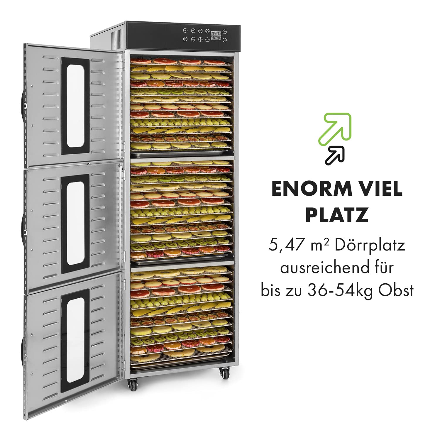 Klarstein Dörrautomat Edelstahl – 4.000-W-Dörrgerät, 48 Edelstahl-Einlegeböden, 30–90 °C, 24-Stunden-Timer, 6 Ventilatoren, 2 Trockenkammern, 50–55 dB, ideal für Obst, Gemüse, Fleisch, Kräuter, Silberk