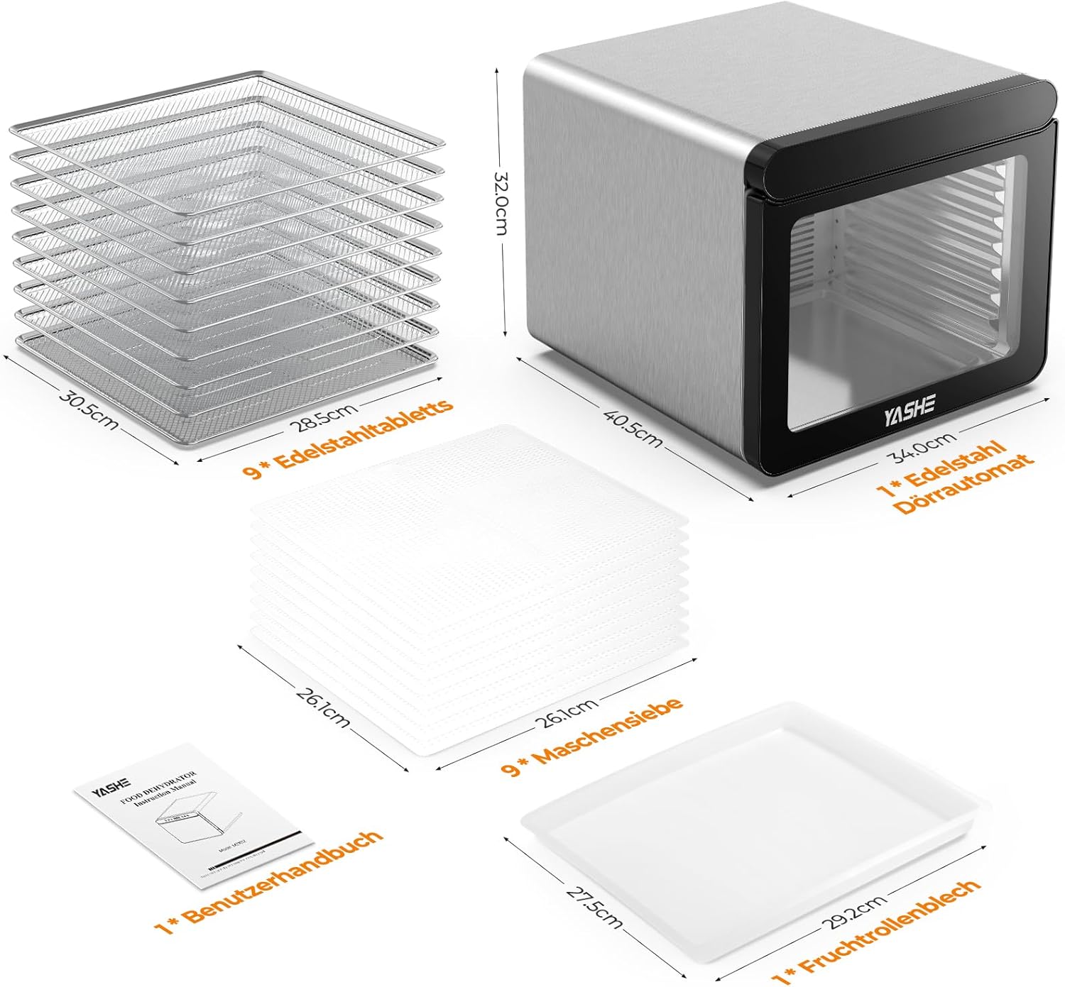 YASHE Stainless Steel Dehydrator with Digital Control (Temperature up to 75°C, Timer up to 48 Hours), 9 Trays Dehydrator for Fruit and Vegetables, Rear Fan for 360° Air Circulation, 800 Wk