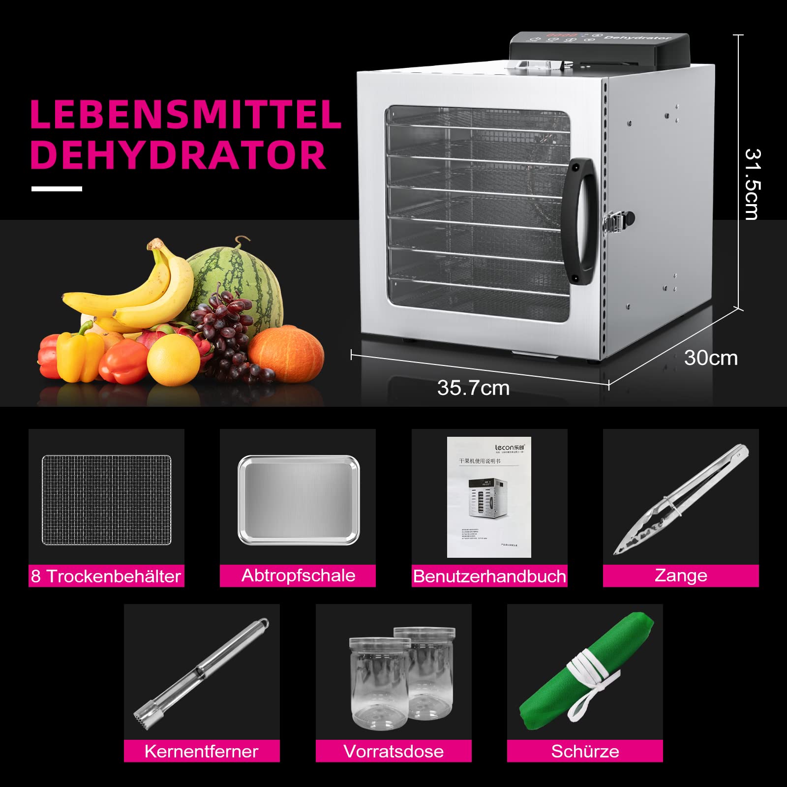 Lecon Dehydrator Stainless Steel Dehydrator Food 30-90°C, 24-Hour Timer Dehydrator for Food, Meat, Fruit, Vegetable Dryer, Fruit Dryer, Dehydrator with Apron, Sealed Tank (8 Levels)k