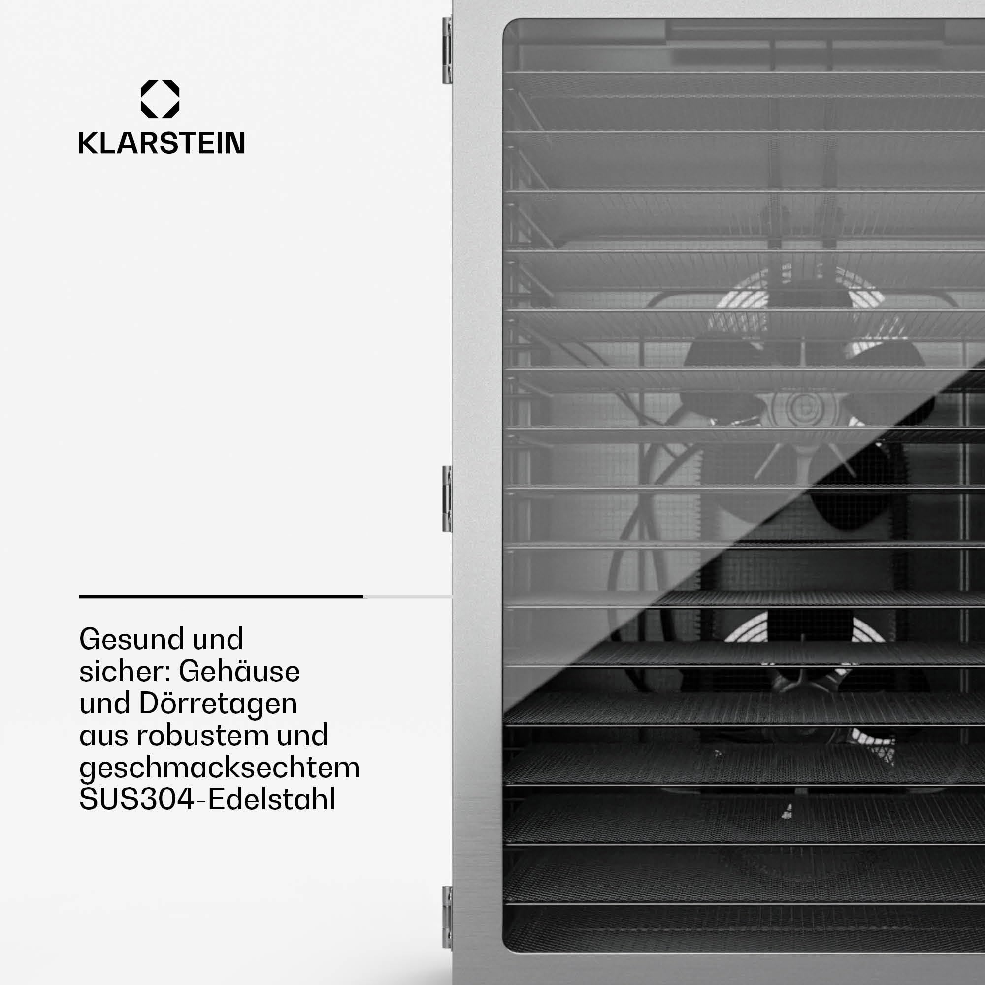 Klarstein Dörrgerät, Dörrautomat für Gemüse, Obst, Pilze & Fleisch, 1500W Edelstahl-Dörrautomat, Trockenautomat mit 16 Metallgitter, Dörrgerät mit 24H Timer & Touch-Display, Food Dehydratork