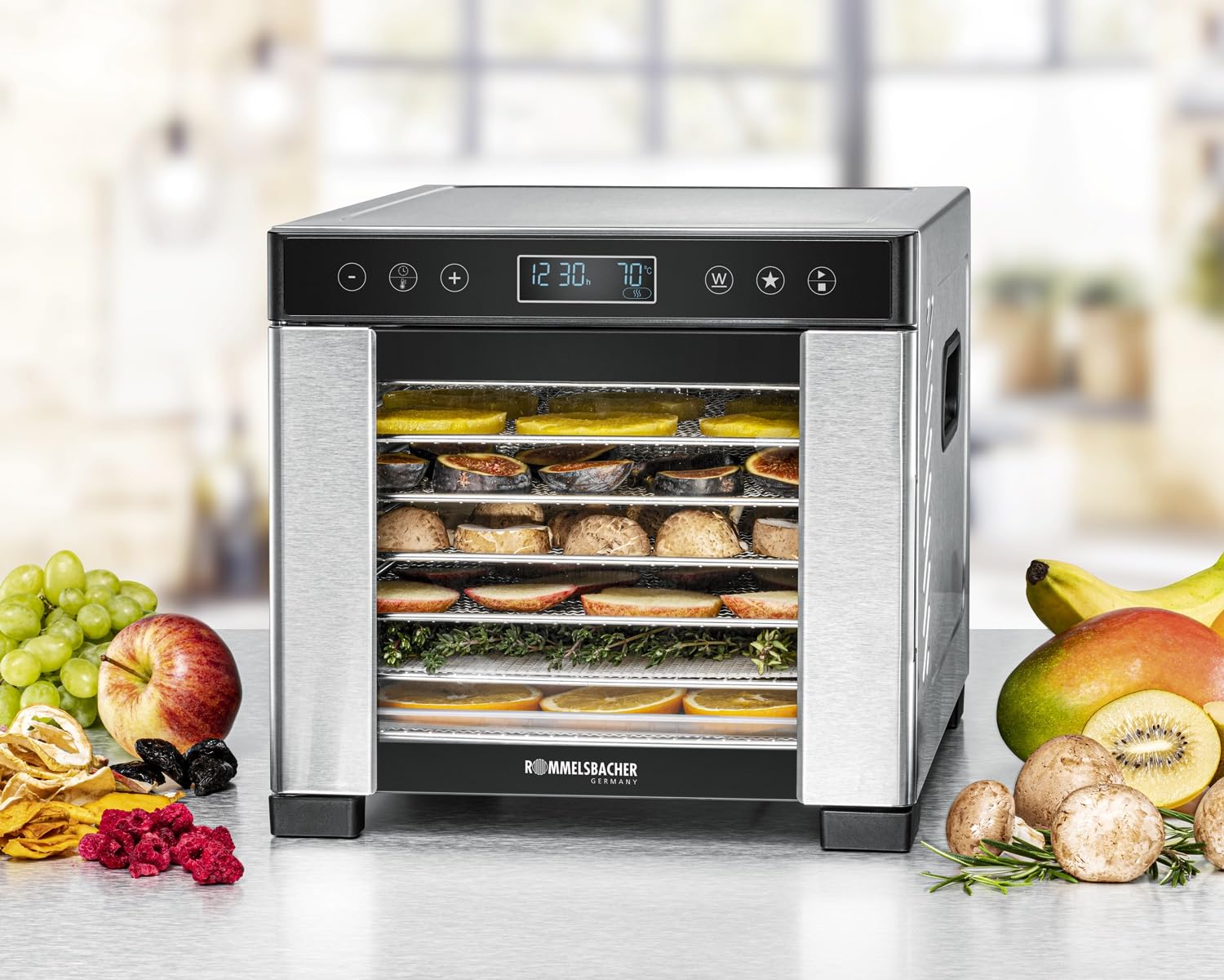 ROMMELSBACHER Dörrautomat DA 1000, XXL-Dörrfläche 1,6 m², inkl. 10 Edelstahl-Dörrtabletts, 2 Dörrgitter, 2 Dörrmatten, LED-Display, 24 Std. Zeitschaltuhr, Temperatur einstellbar (35 °C – 75 °C)k
