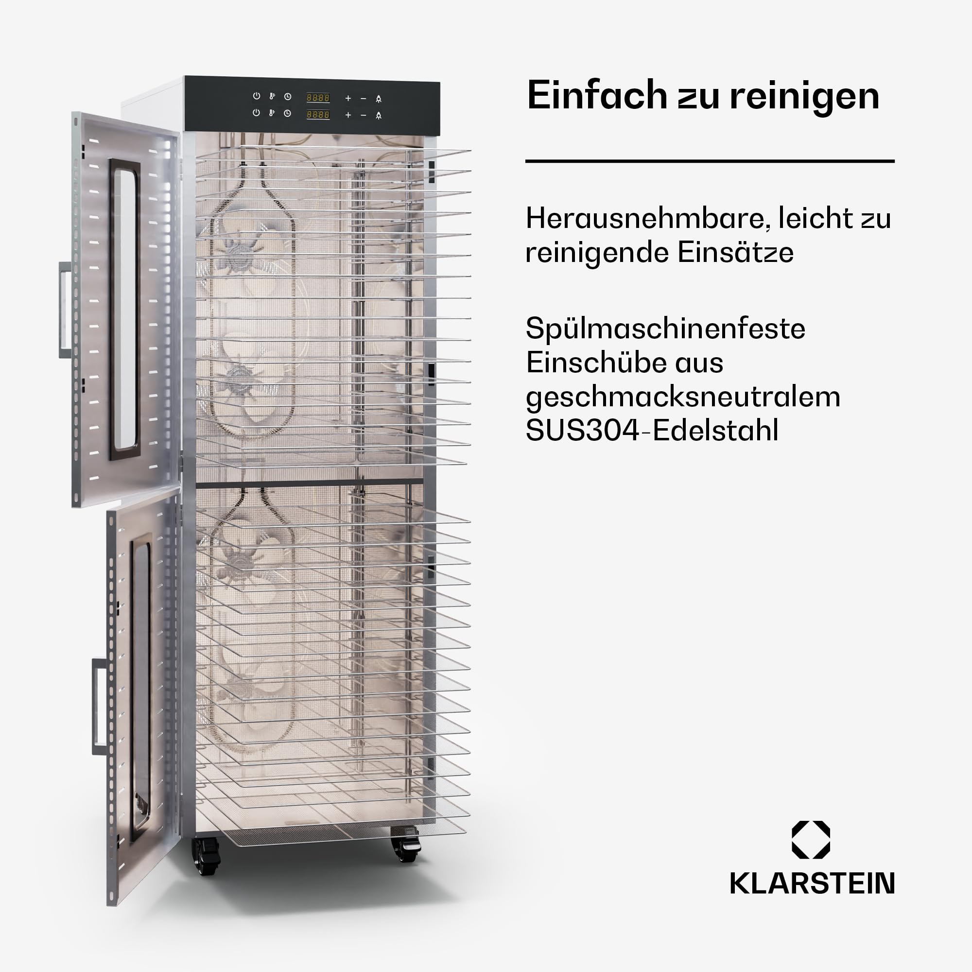 Klarstein Dörrautomat Edelstahl – 4.000-W-Dörrgerät, 48 Edelstahl-Einlegeböden, 30–90 °C, 24-Stunden-Timer, 6 Ventilatoren, 2 Trockenkammern, 50–55 dB, ideal für Obst, Gemüse, Fleisch, Kräuter, Silberk