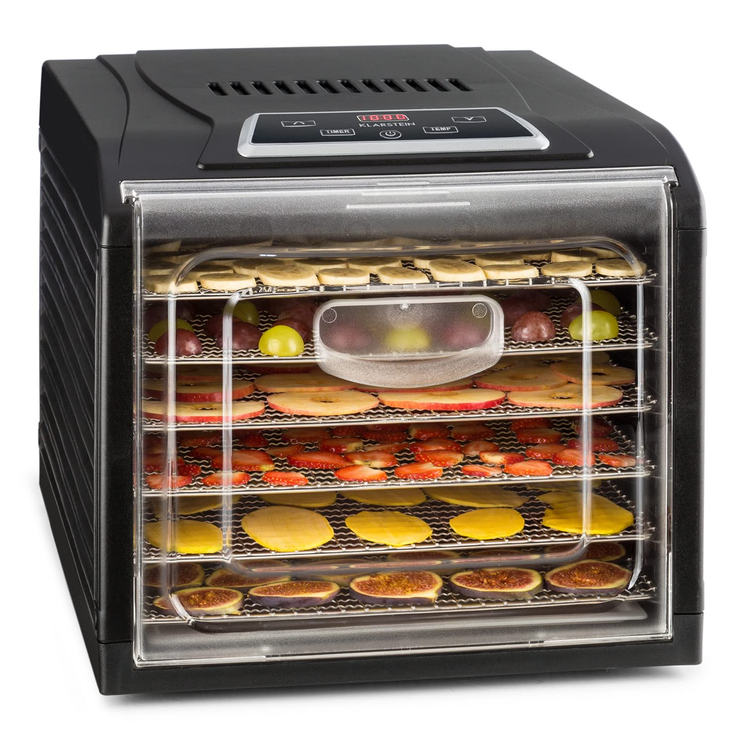 Klarstein Dörrautomat, Dörrgerät, Food Dehydrator, Dörrautomat aus Metall, Dehydrator Food Dryer, 9 Ablagen, 700 Watt, Touch-Display, Timer, Edelstahlheizelement, HotAir Circulation System, Schwarzk