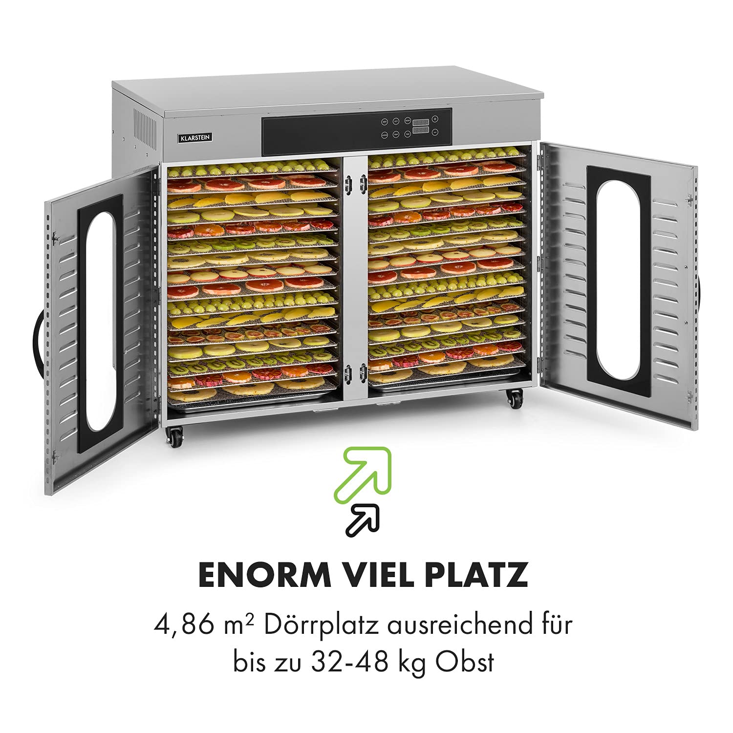 Klarstein Dörrautomat Edelstahl – 4.000-W-Dörrgerät, 48 Edelstahl-Einlegeböden, 30–90 °C, 24-Stunden-Timer, 6 Ventilatoren, 2 Trockenkammern, 50–55 dB, ideal für Obst, Gemüse, Fleisch, Kräuter, Silberk