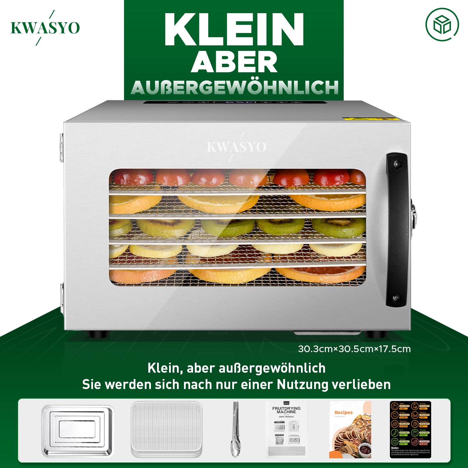 Kwasyo Dörrautomat Edelstahl DA 1000, XXL-Dörrfläche 1,8 m², Dörrgerät Temperatur einstellbar 30-90℃, LED-Display, 24 Std, BPA-frei, mit Rezeptheft, 10 Edelstahl-Dörrtablettsk