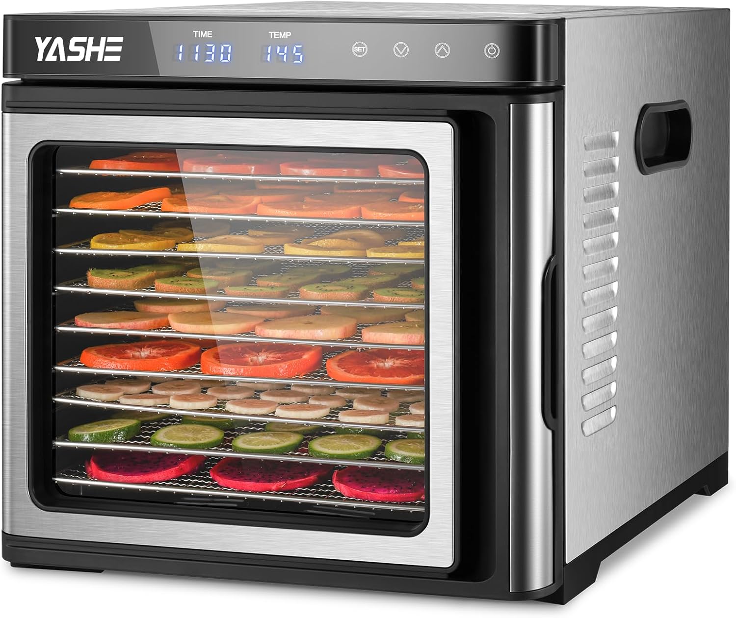 Edelstahl Dörrautomat, 1000W Dörrgerät für Obst und Gemüse mit LED-Anzeige, präziser Temperaturregelung (35-75°C), 48-Stunden-Timer, 9 Edelstahlschalen, 2 Maschensiebe, 1 Schale für Obstrollenk