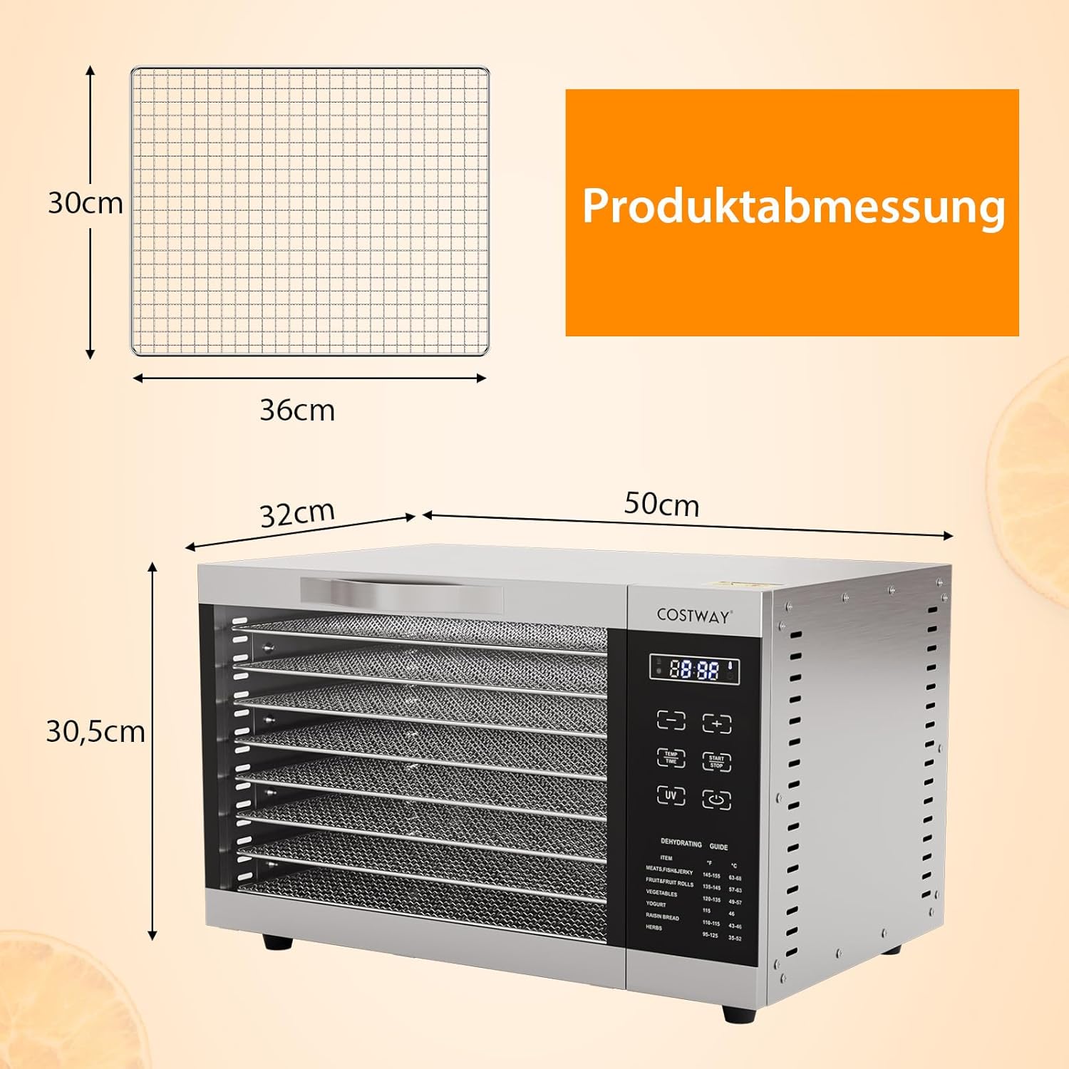 COSTWAY Dehydrator with 8 Grid Trays, 620W Dehydrator 30-70°C Temperature Control & 24H Timer, Overheating & Overload Protection, Food Dryer for Fruit, Meat, Vegetablesk