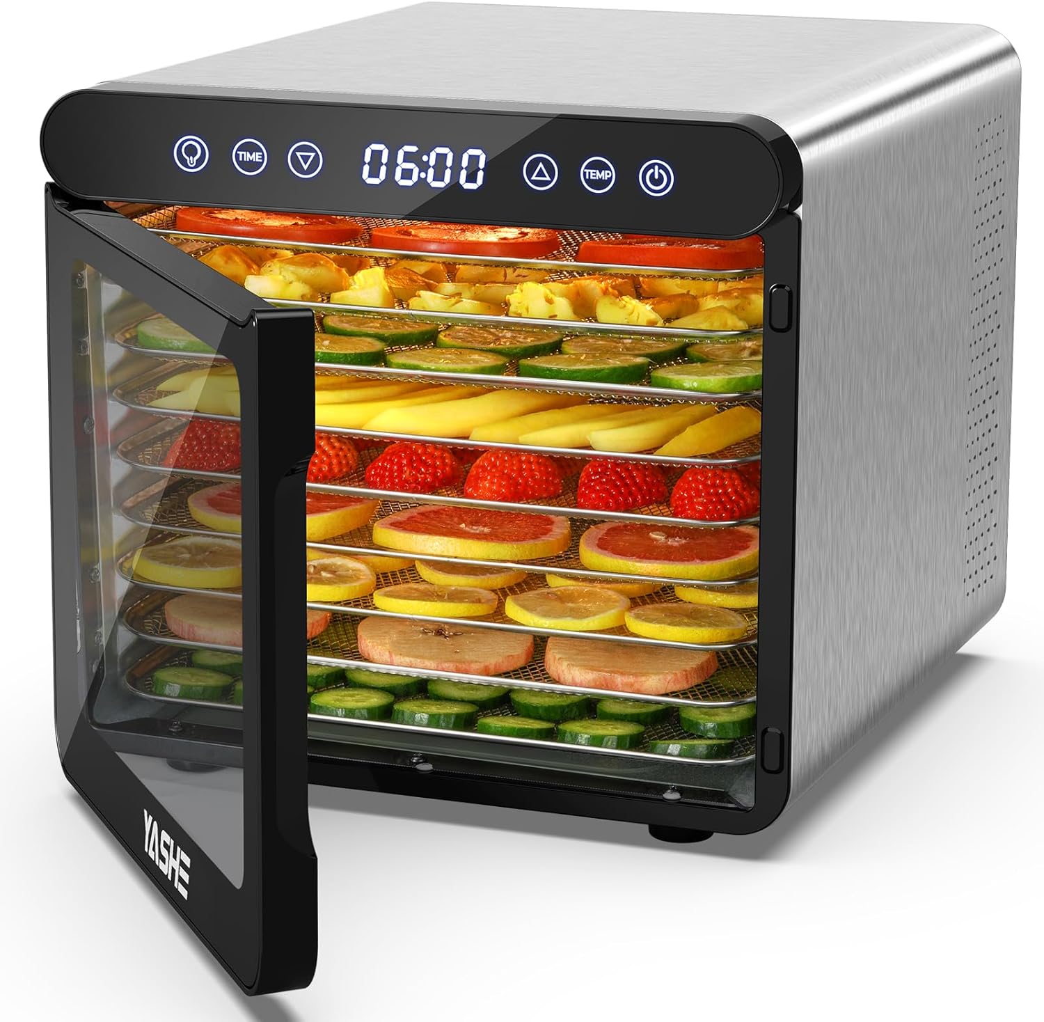 YASHE Stainless Steel Dehydrator with Digital Control (Temperature up to 75°C, Timer up to 48 Hours), 9 Trays Dehydrator for Fruit and Vegetables, Rear Fan for 360° Air Circulation, 800 Wk