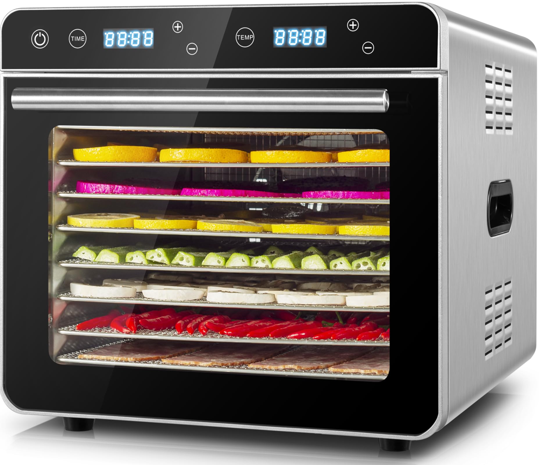 Kwasyo Dörrautomat Edelstahl Trockenkapazität 3,8 kg Rindfleisch, 0,67 m² Trockenfläche, 8 Edelstahl-Dörrtabletts (28x30 cm), 35-85°C Dörrgerät für Hundeleckerlis, Kräuter, Fleisch, Obst, Joghurtk