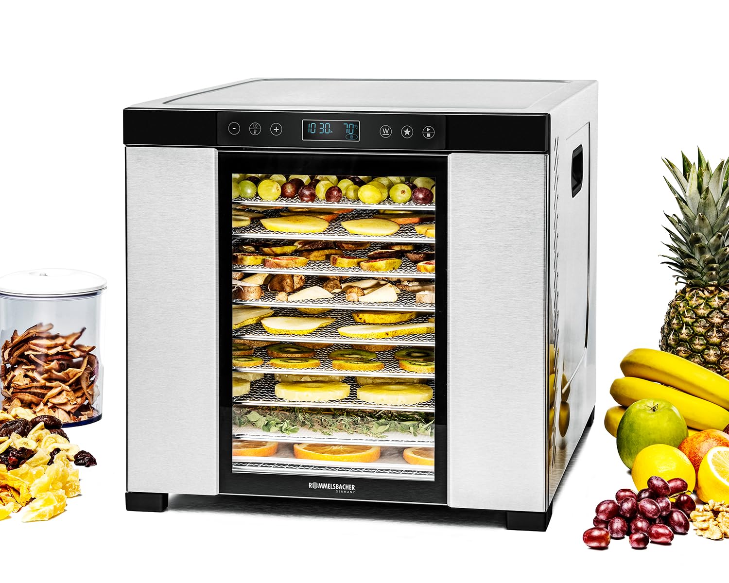 ROMMELSBACHER Dörrautomat DA 1000, XXL-Dörrfläche 1,6 m², inkl. 10 Edelstahl-Dörrtabletts, 2 Dörrgitter, 2 Dörrmatten, LED-Display, 24 Std. Zeitschaltuhr, Temperatur einstellbar (35 °C – 75 °C)k
