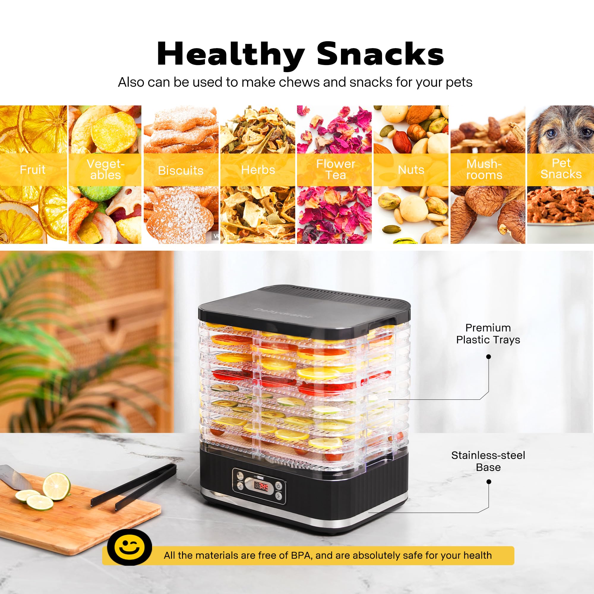 VIVOHOME Dörrautomat mit 8 Einlegefächern 400W BPA frei Dörrgerät mit Temperaturregler von 35°C bis 70°C inkl.72H Timer und Rezept für Fleisch,Obst,Haustier-Leckereienek