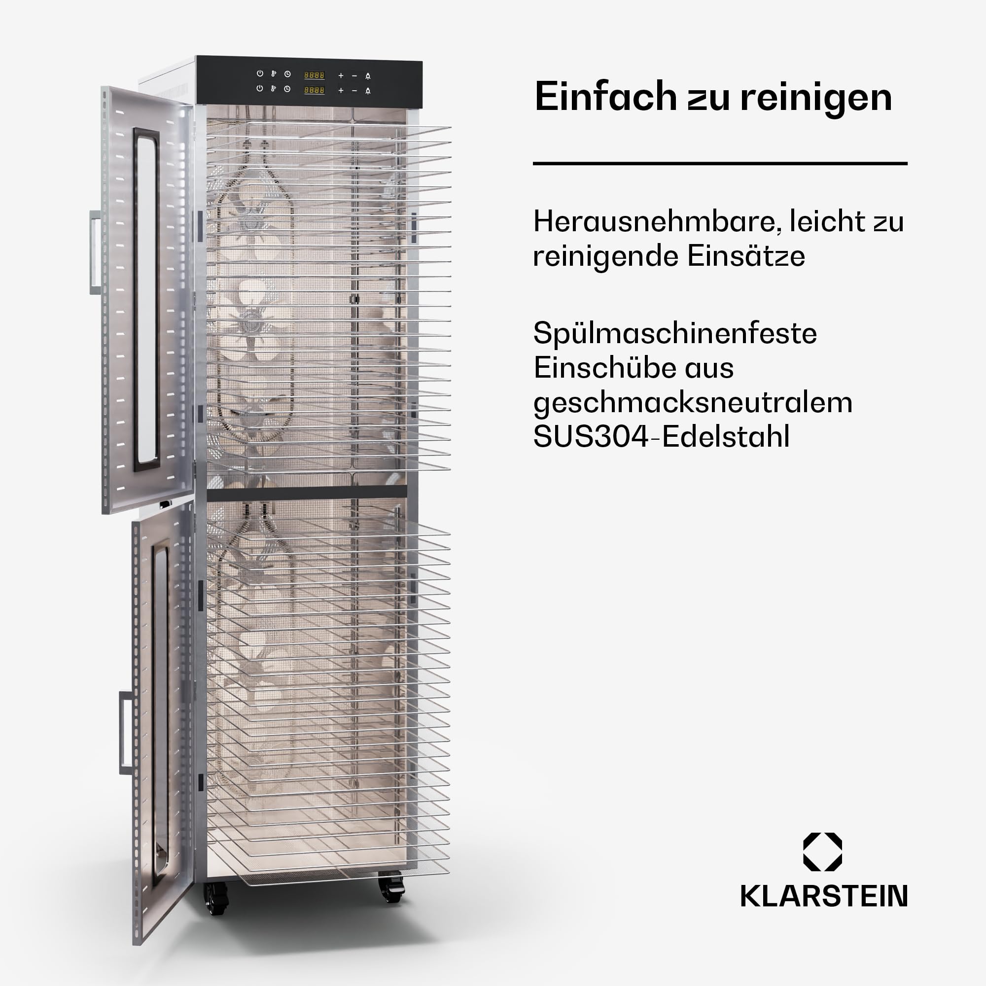 Klarstein Dörrautomat Edelstahl – 4.000-W-Dörrgerät, 48 Edelstahl-Einlegeböden, 30–90 °C, 24-Stunden-Timer, 6 Ventilatoren, 2 Trockenkammern, 50–55 dB, ideal für Obst, Gemüse, Fleisch, Kräuter, Silberk