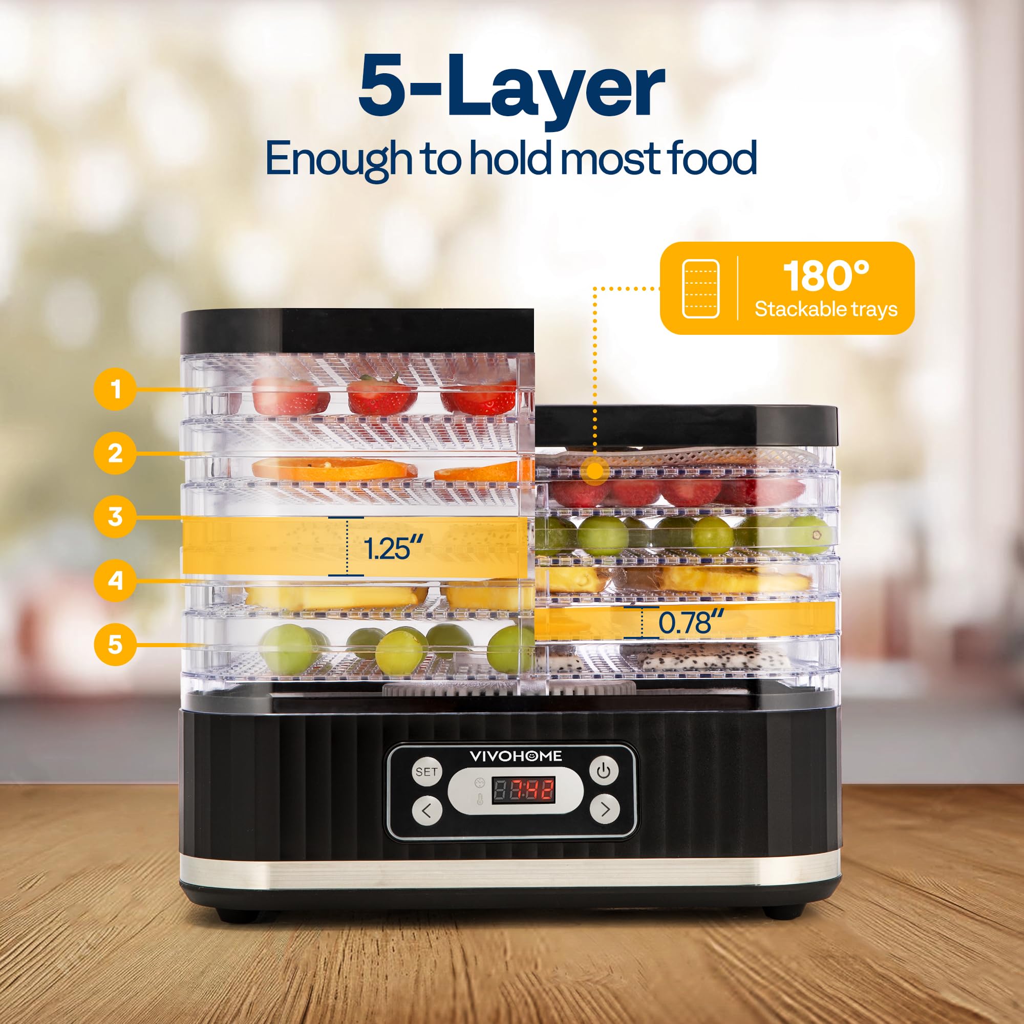 VIVOHOME Dörrautomat mit 8 Einlegefächern 400W BPA frei Dörrgerät mit Temperaturregler von 35°C bis 70°C inkl.72H Timer und Rezept für Fleisch,Obst,Haustier-Leckereienek