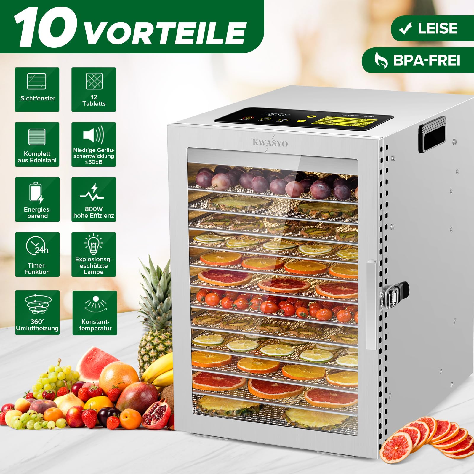Kwasyo Dehydrator Stainless Steel, Double Fan 360° Efficient Dry, Dehydrator 12 Levels, 20-90°C Temperature Control, 24 Hour Timer, Overheating Protection, Recipe Book for Meat, Fruit, Vegetables,k