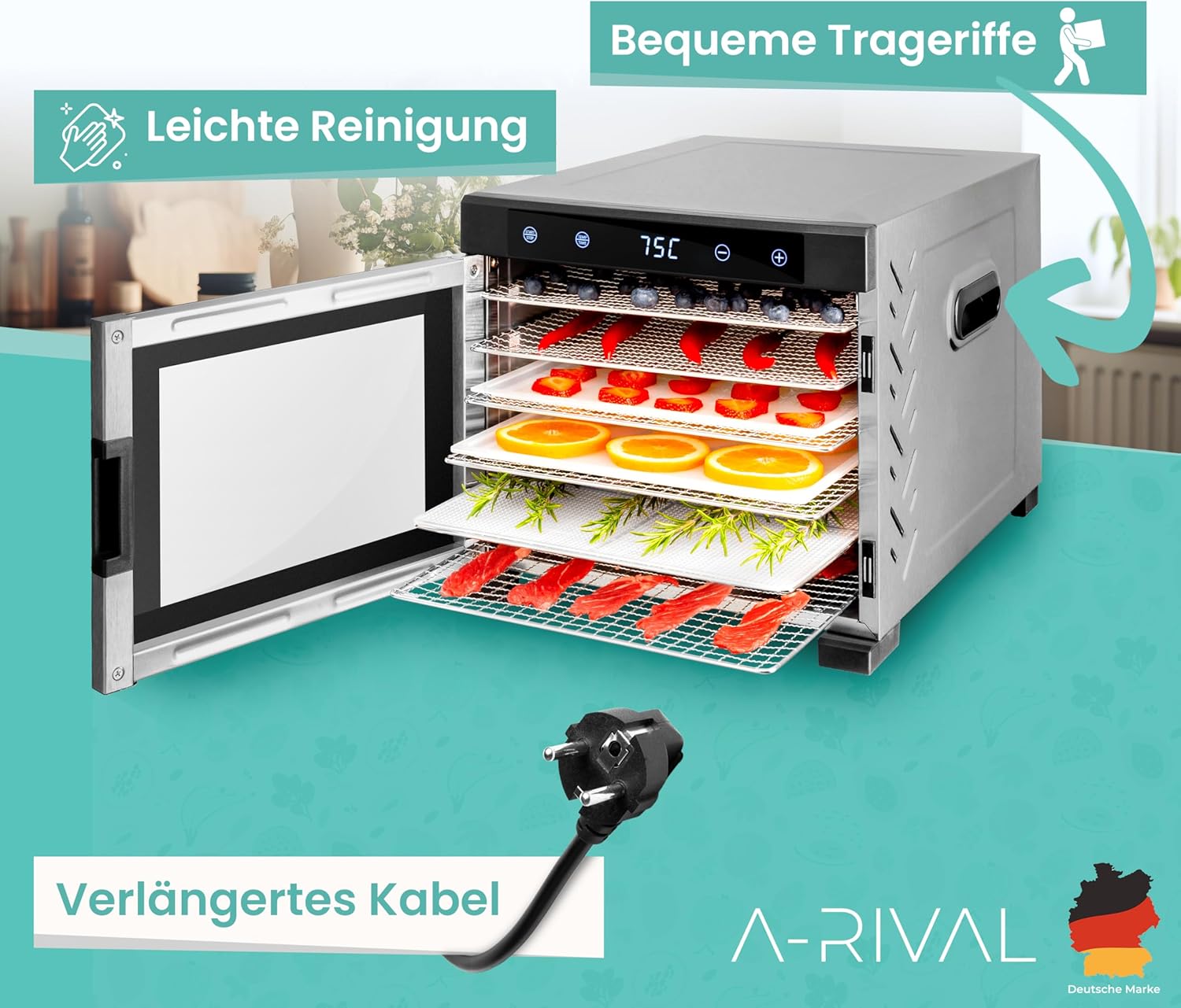 A-rival Dehydrator, Stainless Steel Dehydrator, Touch Control, Professional Dehydrator Stainless Steel, 24 Hour Timer, 6 Drying Trays + 3 Drying Mats, BPA-Free, 35 °C to 75 °C, Quiet Operation, 360°k