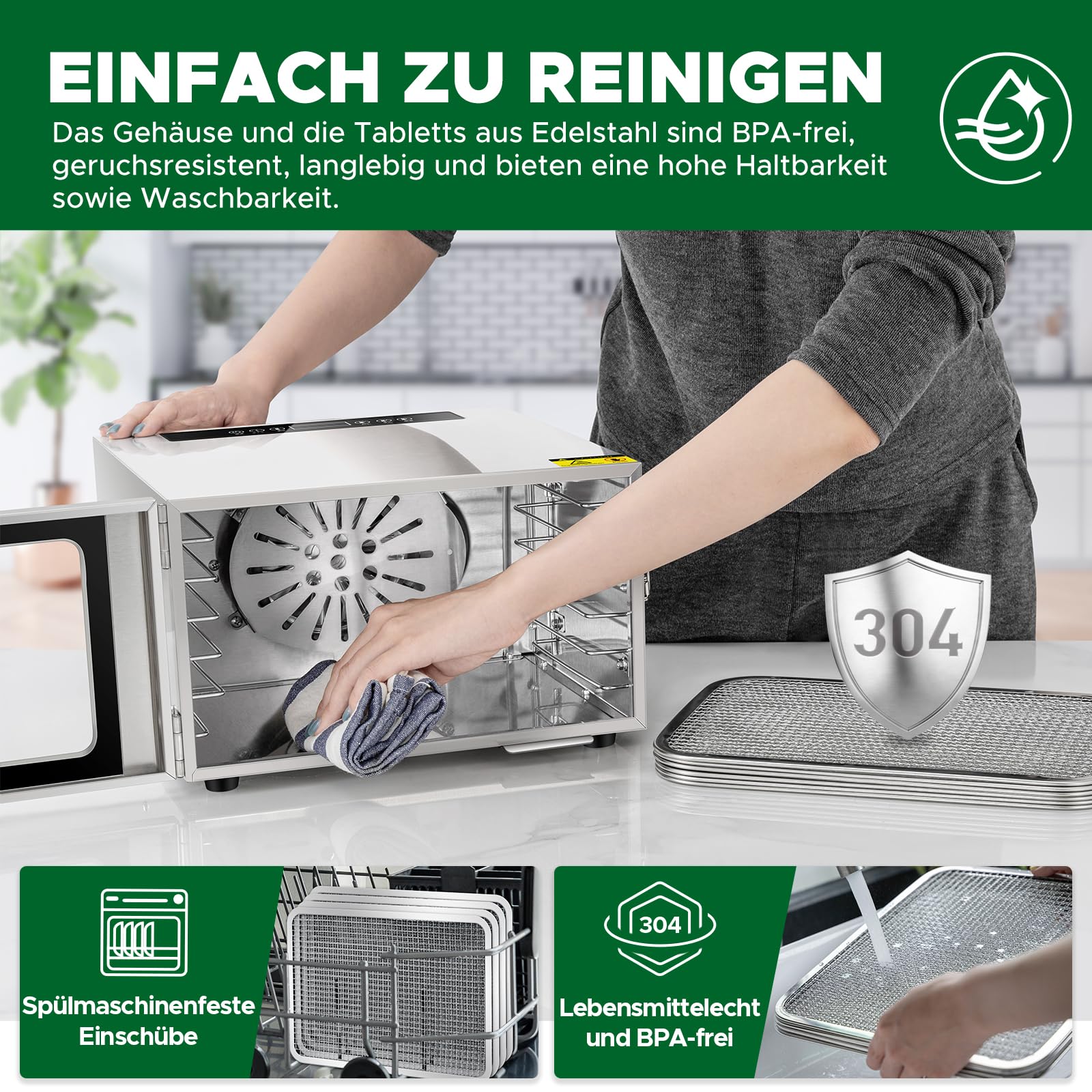 Kwasyo Dörrautomat Edelstahl DA 1000, XXL-Dörrfläche 1,8 m², Dörrgerät Temperatur einstellbar 30-90℃, LED-Display, 24 Std, BPA-frei, mit Rezeptheft, 10 Edelstahl-Dörrtablettsk