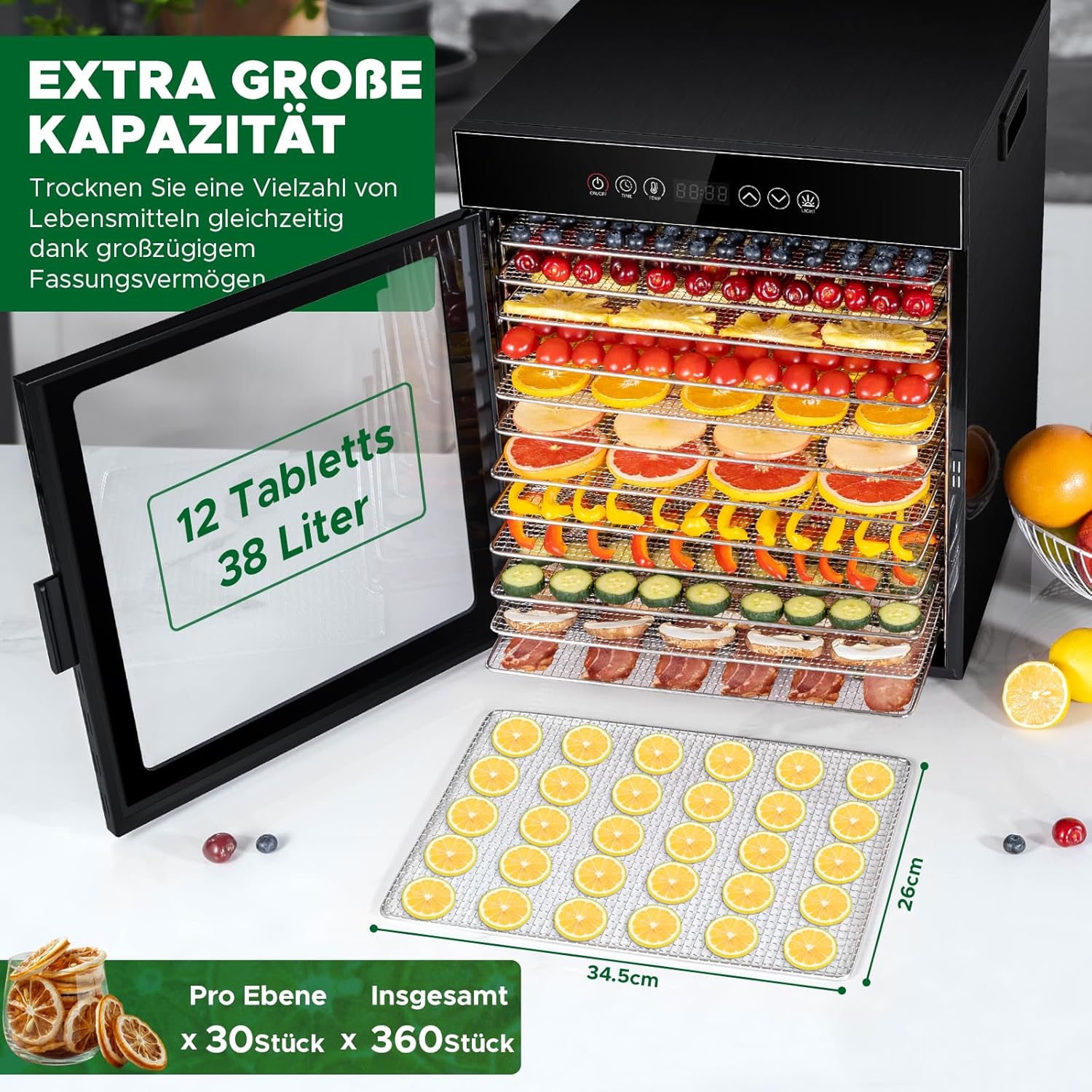 Kwasyo Dörrautomat Edelstahl, Dörrgerät 12 Etagen Ganz in Schwarz, 30-90℃ Temperaturregelung, 24 Stunden Timer, Rezeptheft für Fleisch Obst Gemüse Kräuter, 1000W, LT-09k