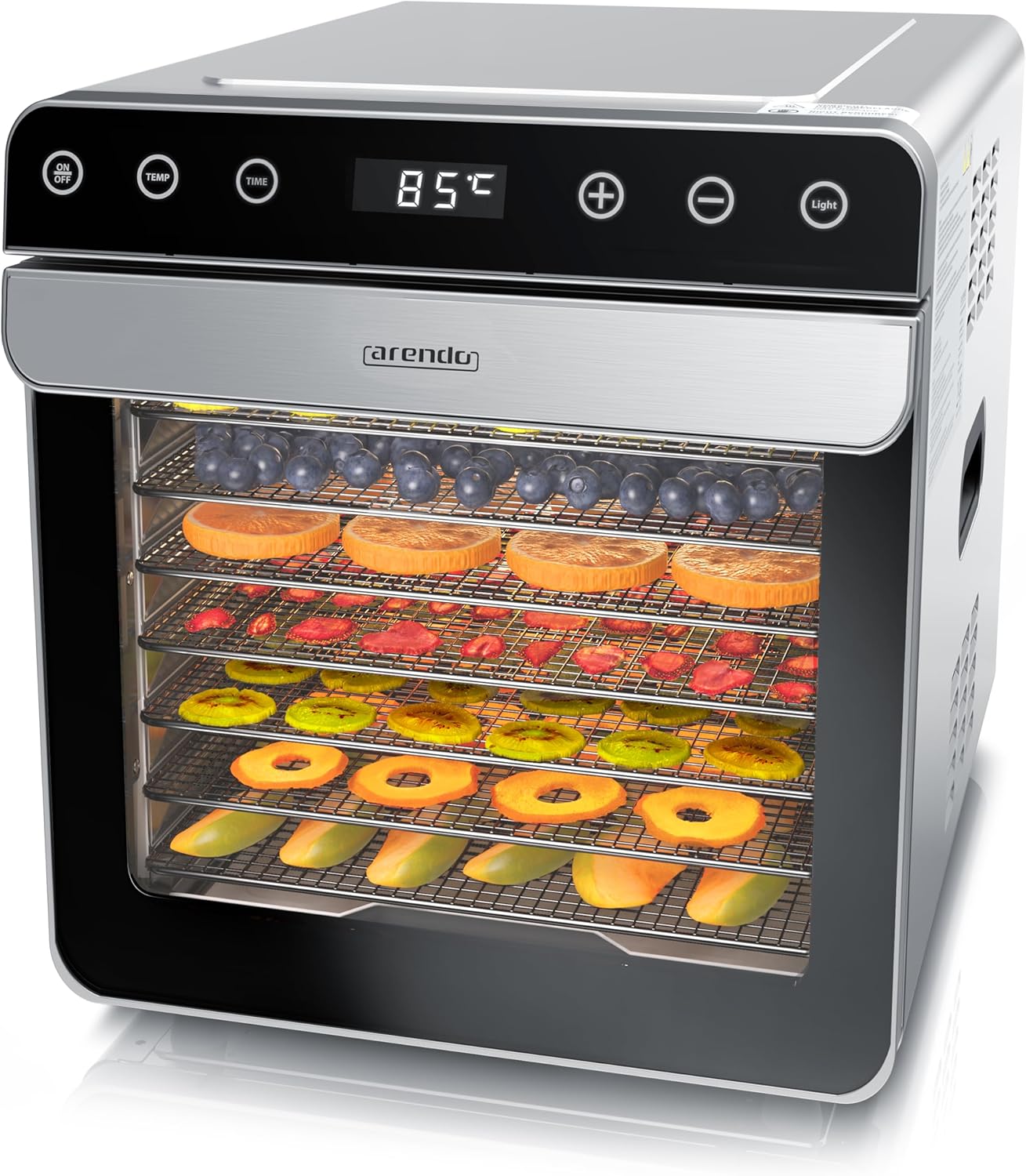 Arendo - Dörrautomat Edelstahl mit 8 Edelstahlgitter - 700 W - 35°-85°C - 8 Edelstahl Einlegetabletts mit insgesamt 6700 cm² - Dörrgerät Dehydrator Obsttrockner Dörrapparat - Obst Fleisch Pilze uvmk