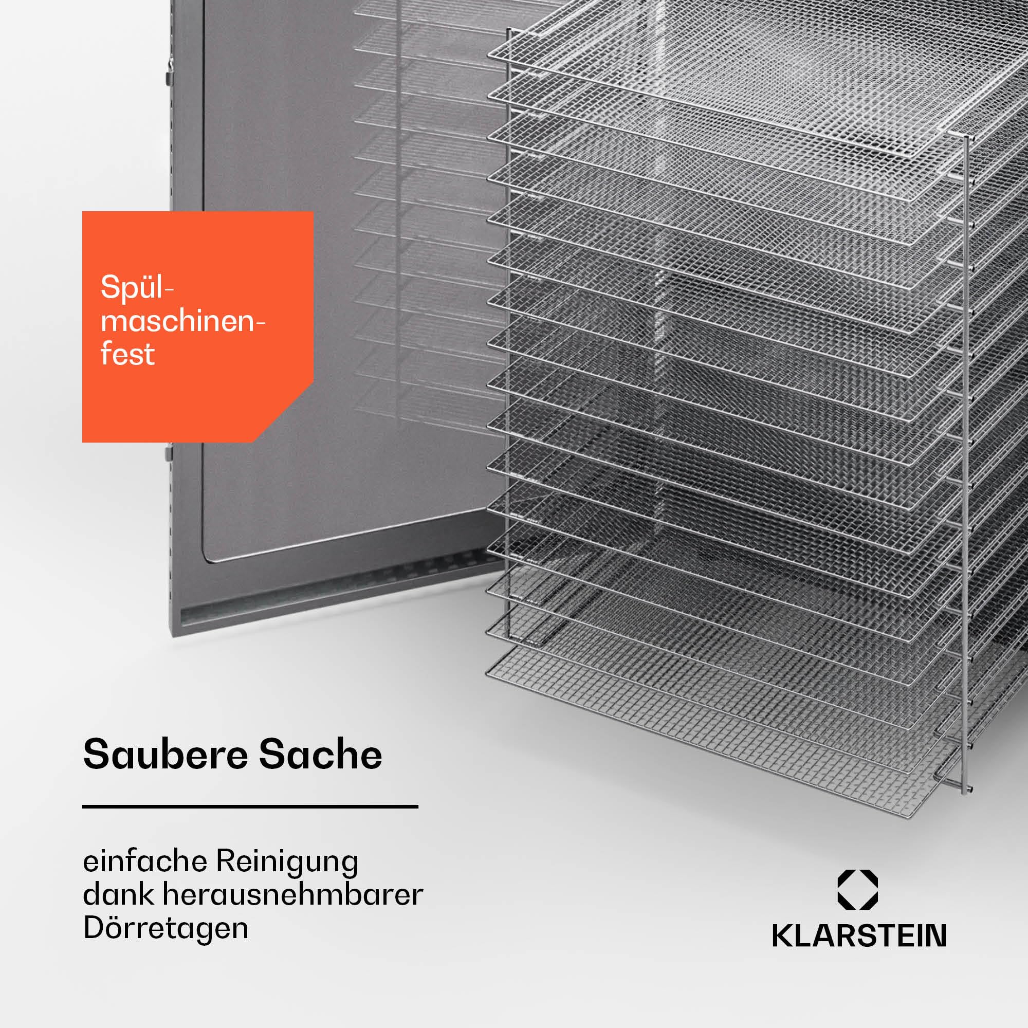 Klarstein Dörrgerät, Dörrautomat für Gemüse, Obst, Pilze & Fleisch, 1500W Edelstahl-Dörrautomat, Trockenautomat mit 16 Metallgitter, Dörrgerät mit 24H Timer & Touch-Display, Food Dehydratork