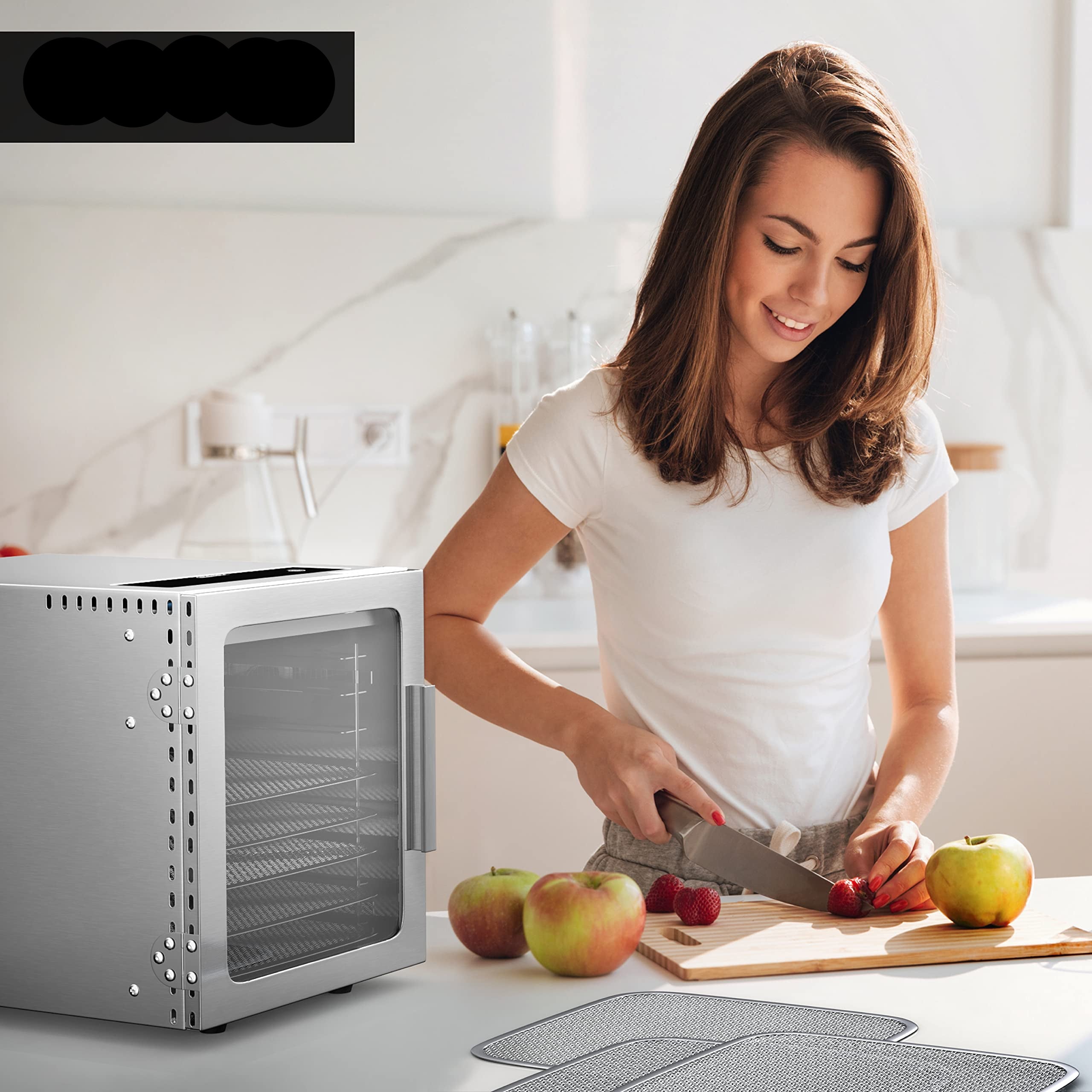 Arendo - Stainless steel dehydrator 8-fold - 500 watts with temperature control - dehydrator for food meat fruits fruit mushrooms - timer up to 24 hours - 8 compartments - GS - dehydratork