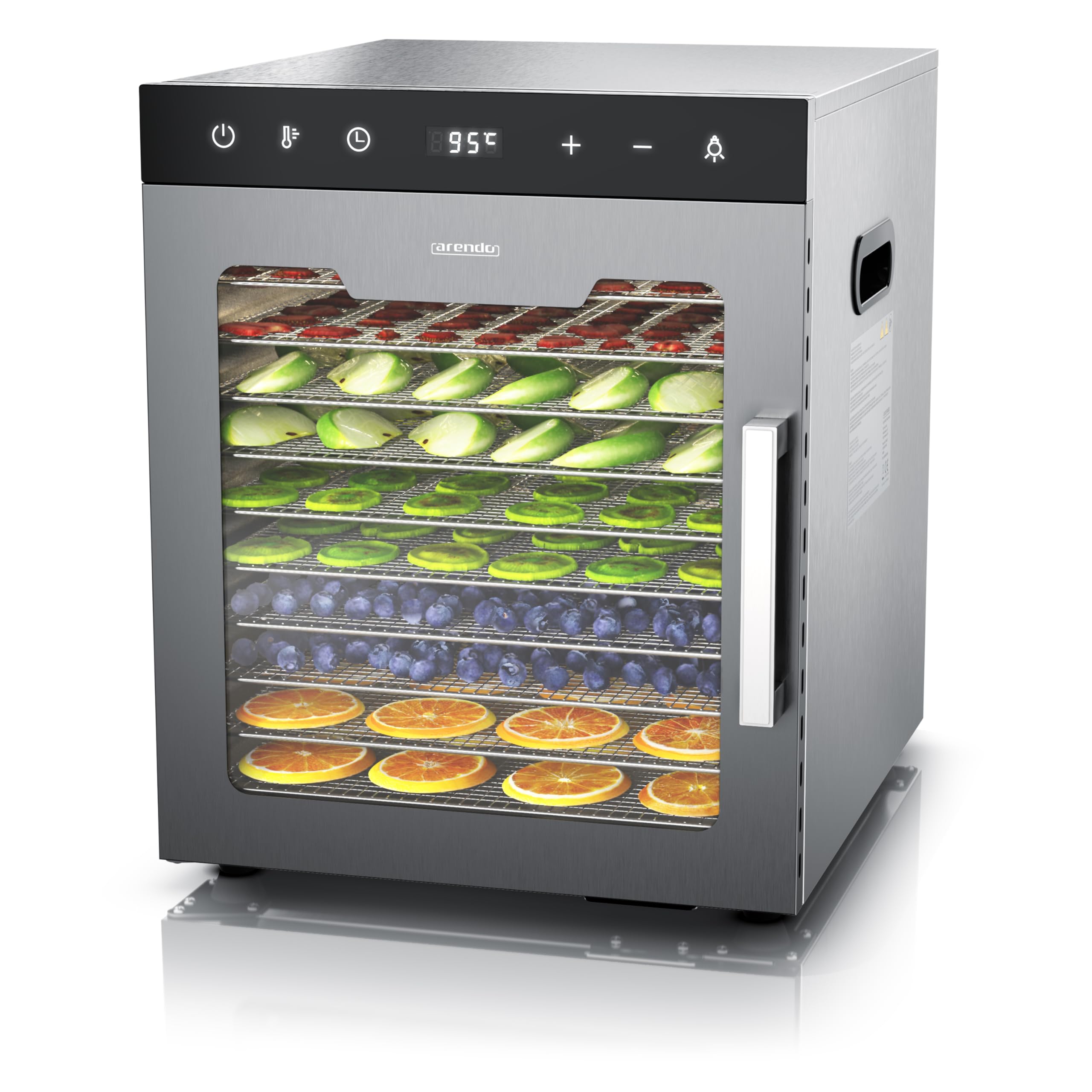 Arendo - Stainless steel dehydrator 8-fold - 500 watts with temperature control - dehydrator for food meat fruits fruit mushrooms - timer up to 24 hours - 8 compartments - GS - dehydratork