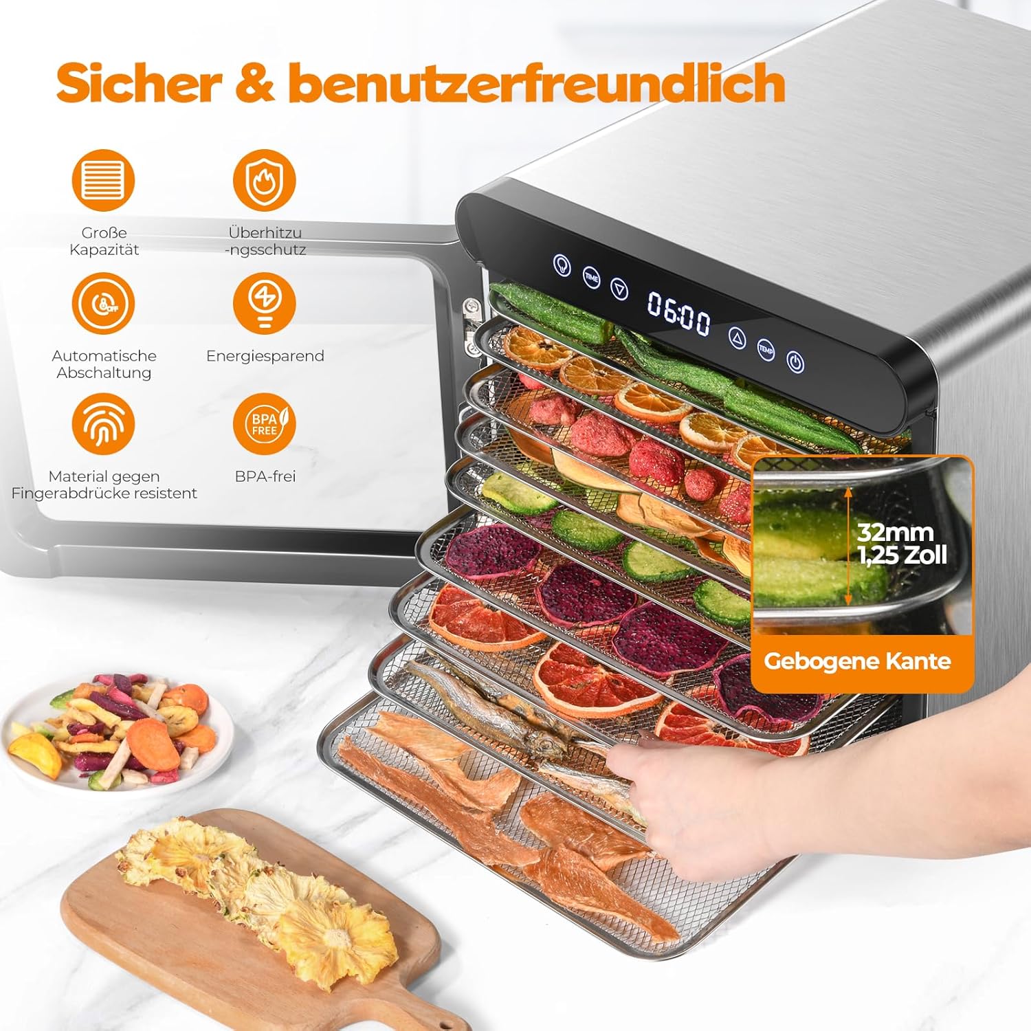 YASHE Stainless Steel Dehydrator with Digital Control (Temperature up to 75°C, Timer up to 48 Hours), 9 Trays Dehydrator for Fruit and Vegetables, Rear Fan for 360° Air Circulation, 800 Wk