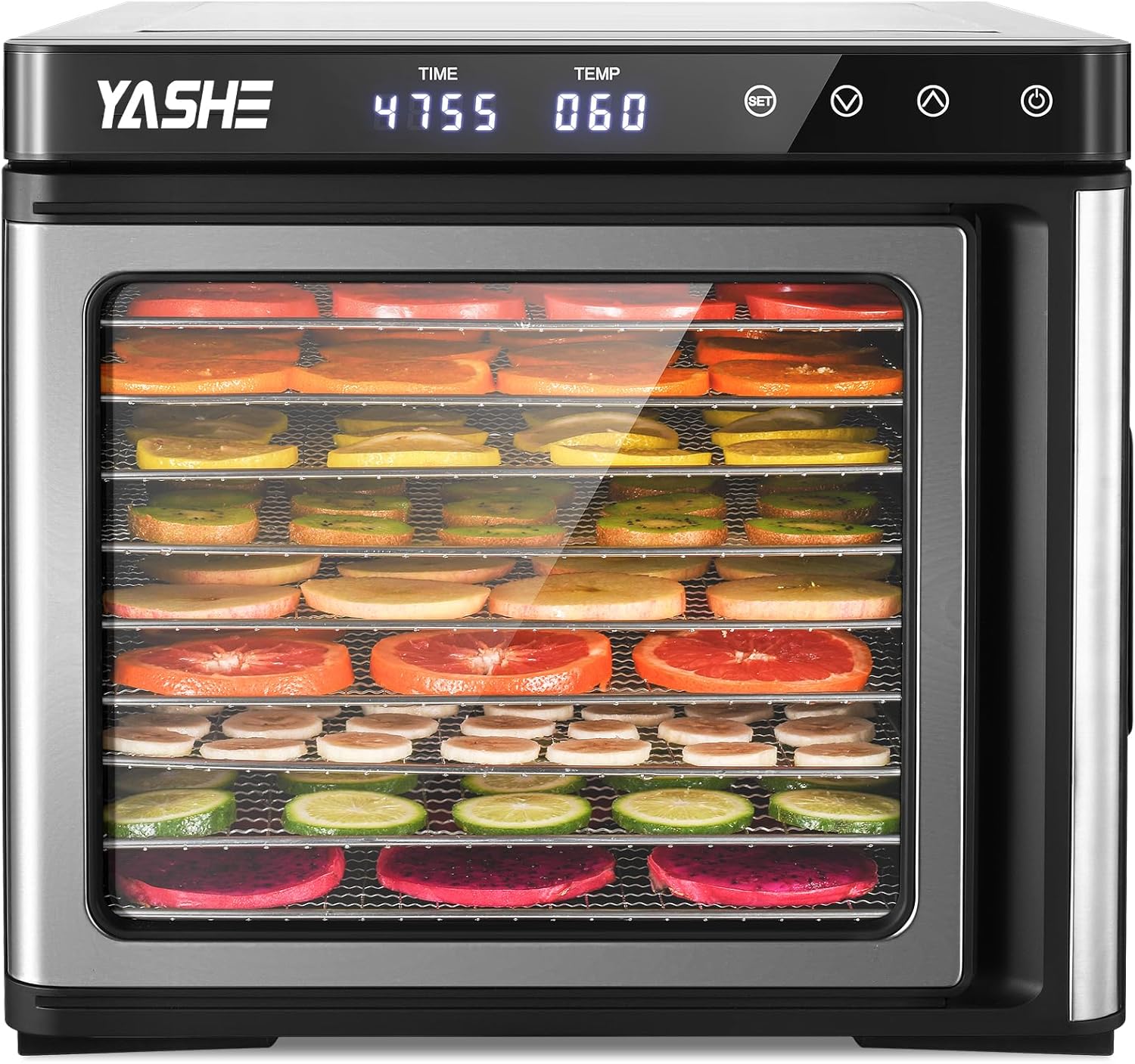 Edelstahl Dörrautomat, 1000W Dörrgerät für Obst und Gemüse mit LED-Anzeige, präziser Temperaturregelung (35-75°C), 48-Stunden-Timer, 9 Edelstahlschalen, 2 Maschensiebe, 1 Schale für Obstrollenk