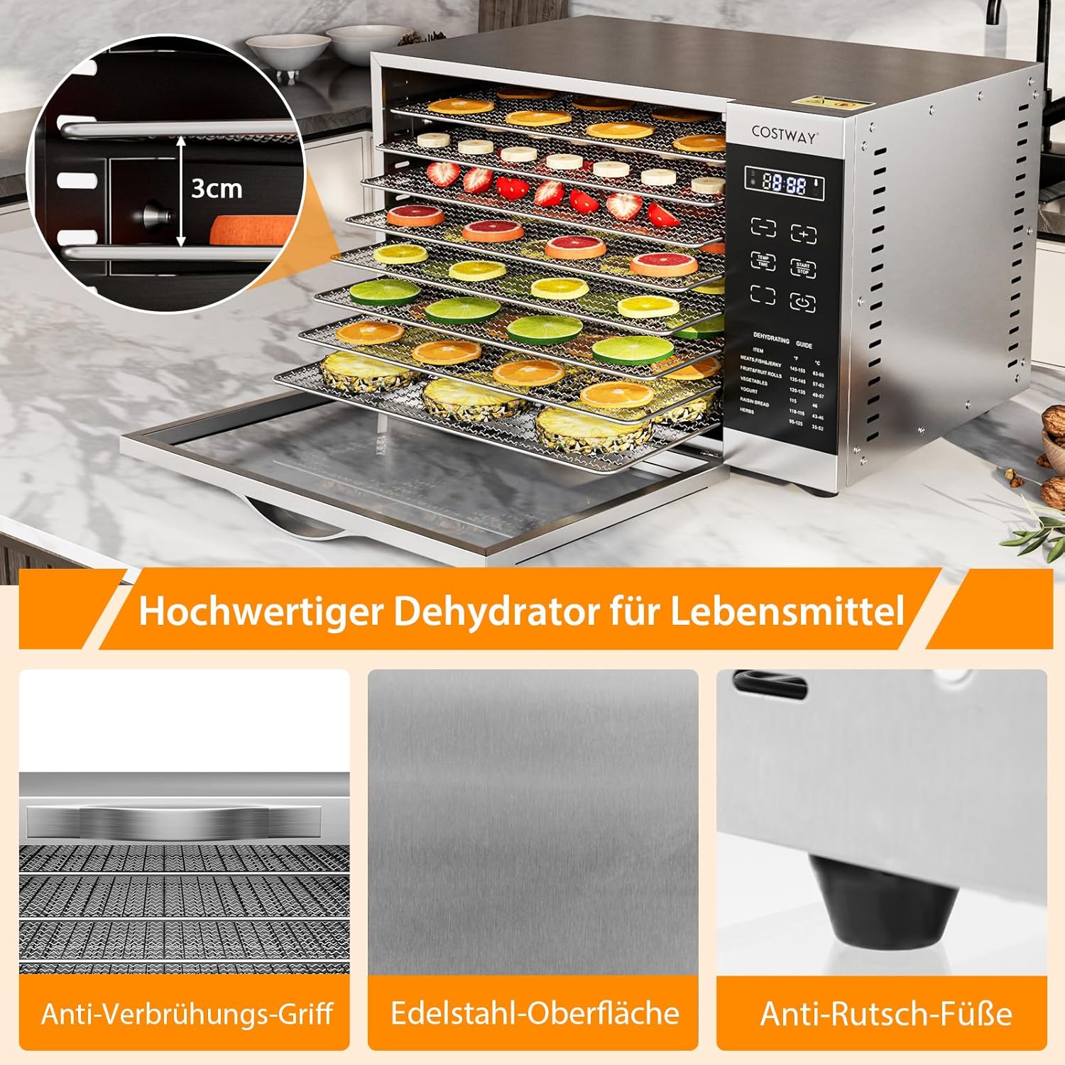 COSTWAY Dehydrator with 8 Grid Trays, 620W Dehydrator 30-70°C Temperature Control & 24H Timer, Overheating & Overload Protection, Food Dryer for Fruit, Meat, Vegetablesk