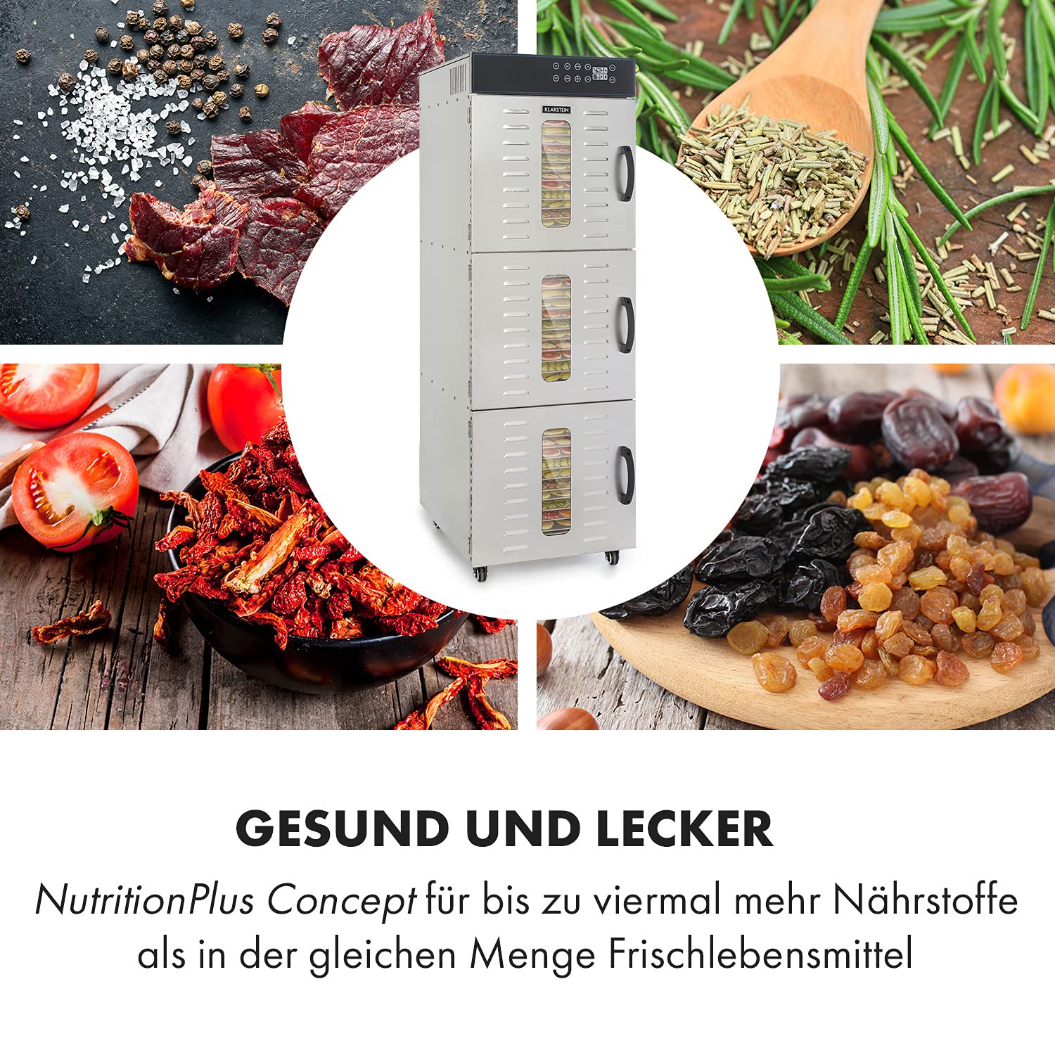 Klarstein Dörrautomat Edelstahl – 4.000-W-Dörrgerät, 48 Edelstahl-Einlegeböden, 30–90 °C, 24-Stunden-Timer, 6 Ventilatoren, 2 Trockenkammern, 50–55 dB, ideal für Obst, Gemüse, Fleisch, Kräuter, Silberk