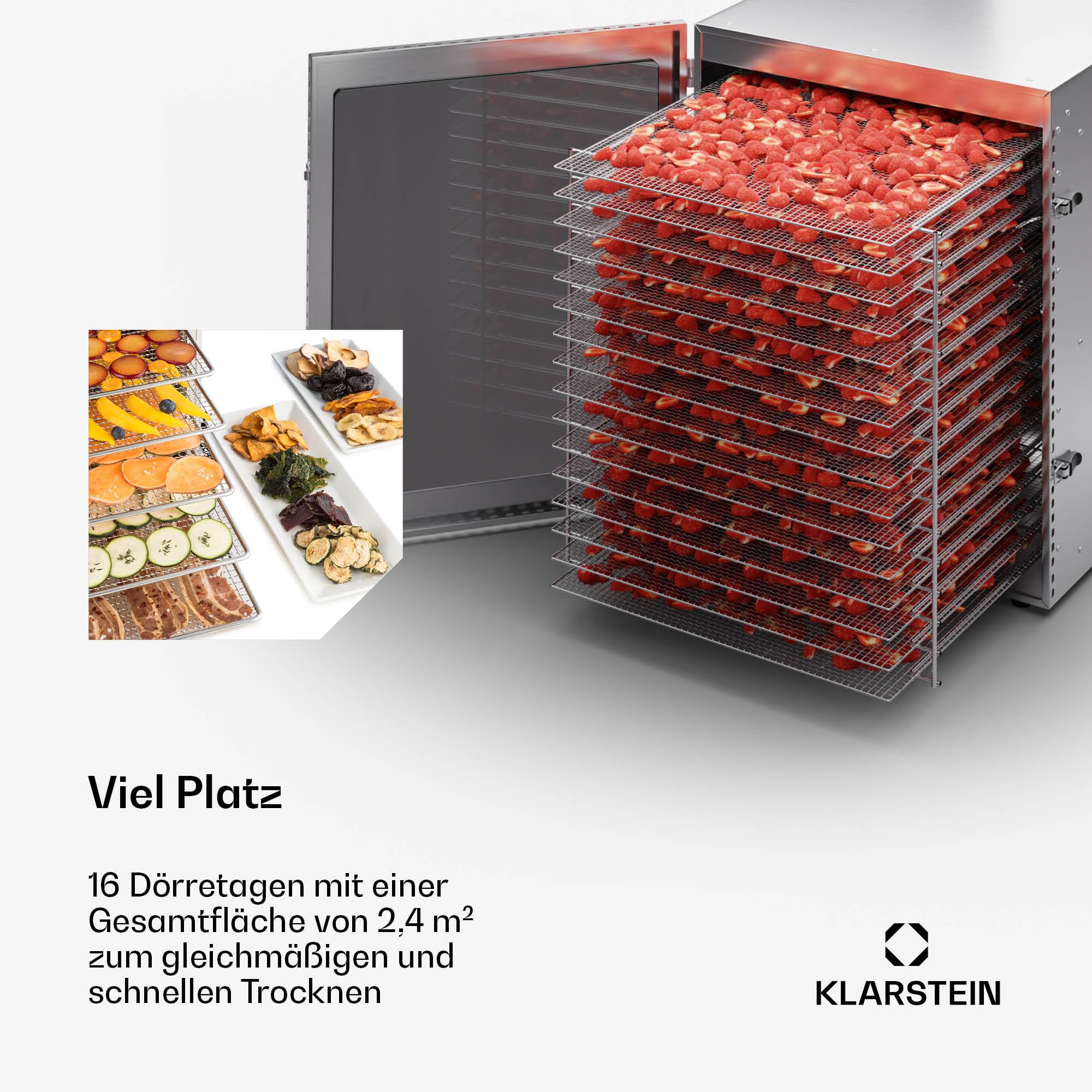 Klarstein Dörrgerät, Dörrautomat für Gemüse, Obst, Pilze & Fleisch, 1500W Edelstahl-Dörrautomat, Trockenautomat mit 16 Metallgitter, Dörrgerät mit 24H Timer & Touch-Display, Food Dehydratork