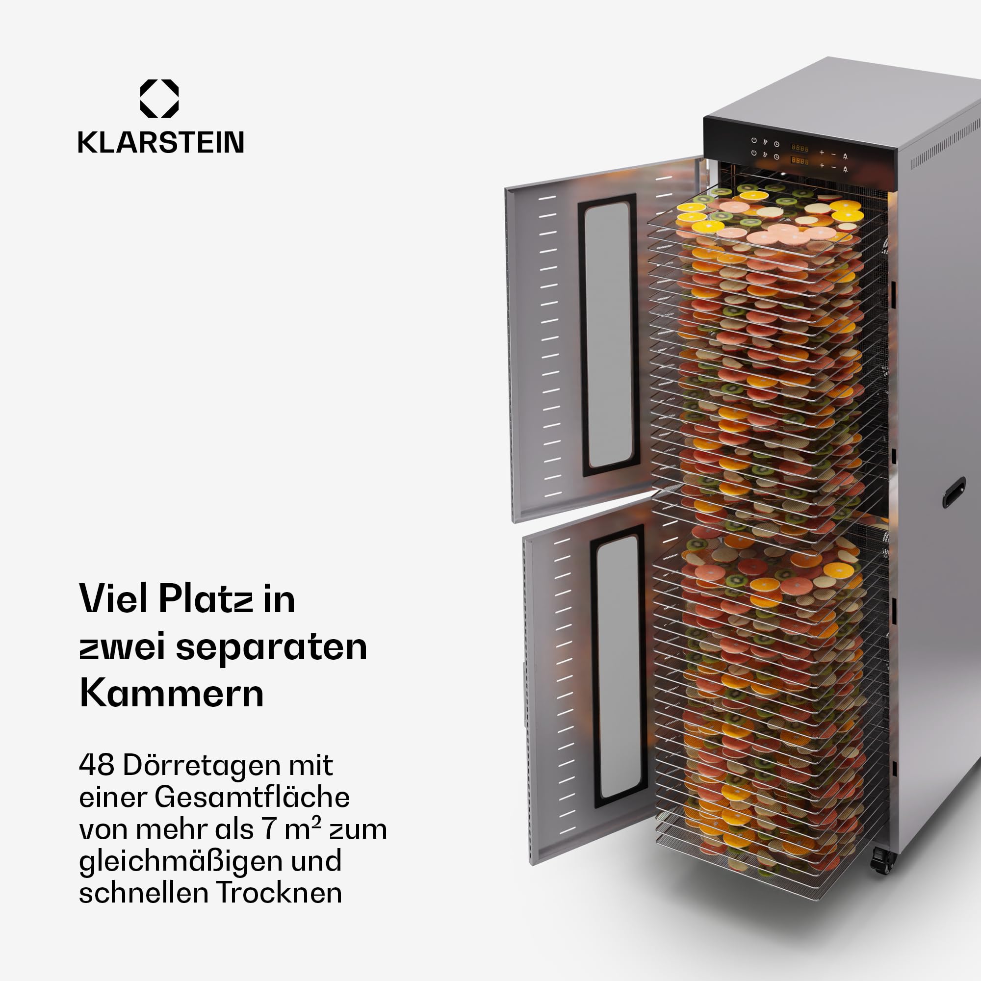 Klarstein Dörrautomat Edelstahl – 4.000-W-Dörrgerät, 48 Edelstahl-Einlegeböden, 30–90 °C, 24-Stunden-Timer, 6 Ventilatoren, 2 Trockenkammern, 50–55 dB, ideal für Obst, Gemüse, Fleisch, Kräuter, Silberk