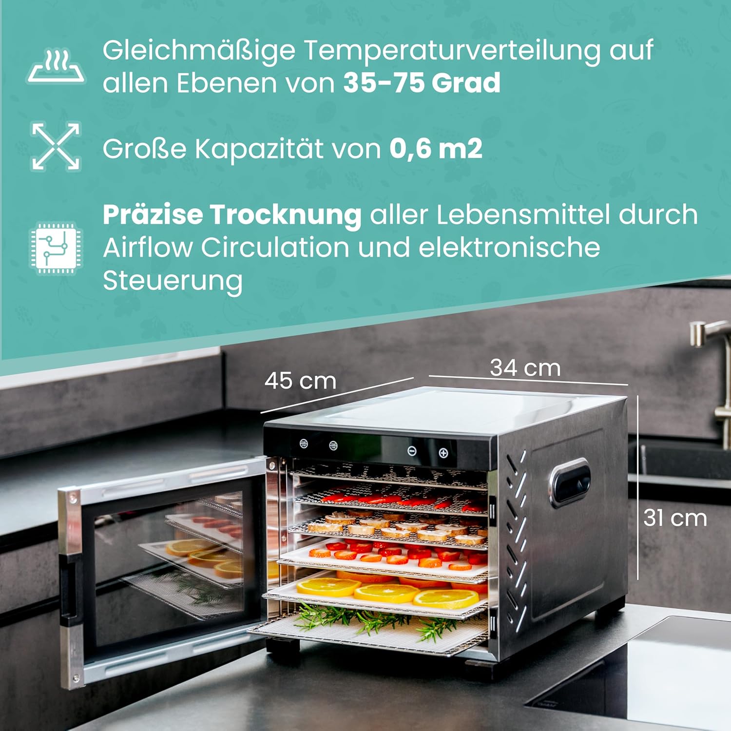 A-rival Dehydrator, Stainless Steel Dehydrator, Touch Control, Professional Dehydrator Stainless Steel, 24 Hour Timer, 6 Drying Trays + 3 Drying Mats, BPA-Free, 35 °C to 75 °C, Quiet Operation, 360°k