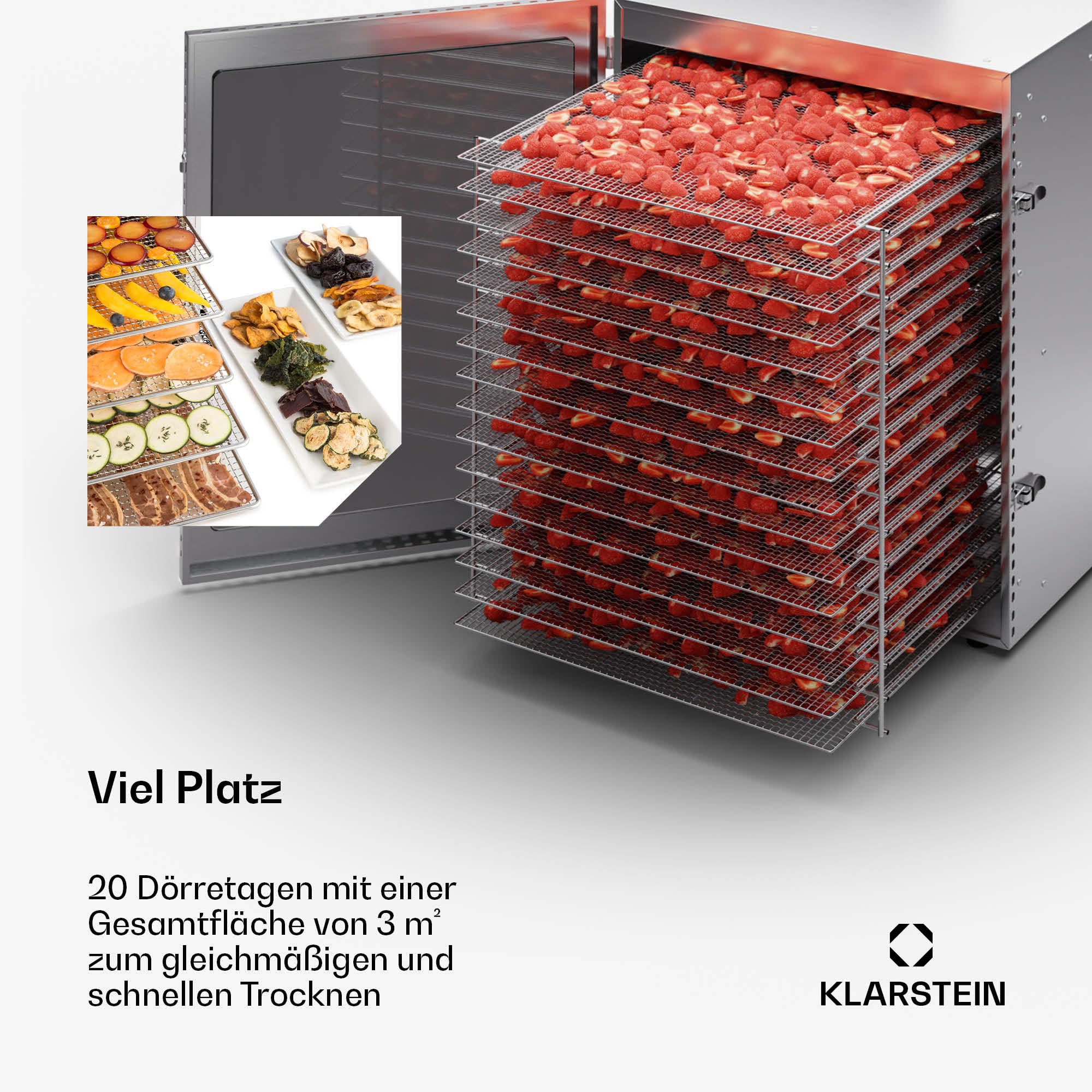 Klarstein Dörrgerät, Dörrautomat für Gemüse, Obst, Pilze & Fleisch, 1500W Edelstahl-Dörrautomat, Trockenautomat mit 16 Metallgitter, Dörrgerät mit 24H Timer & Touch-Display, Food Dehydratork