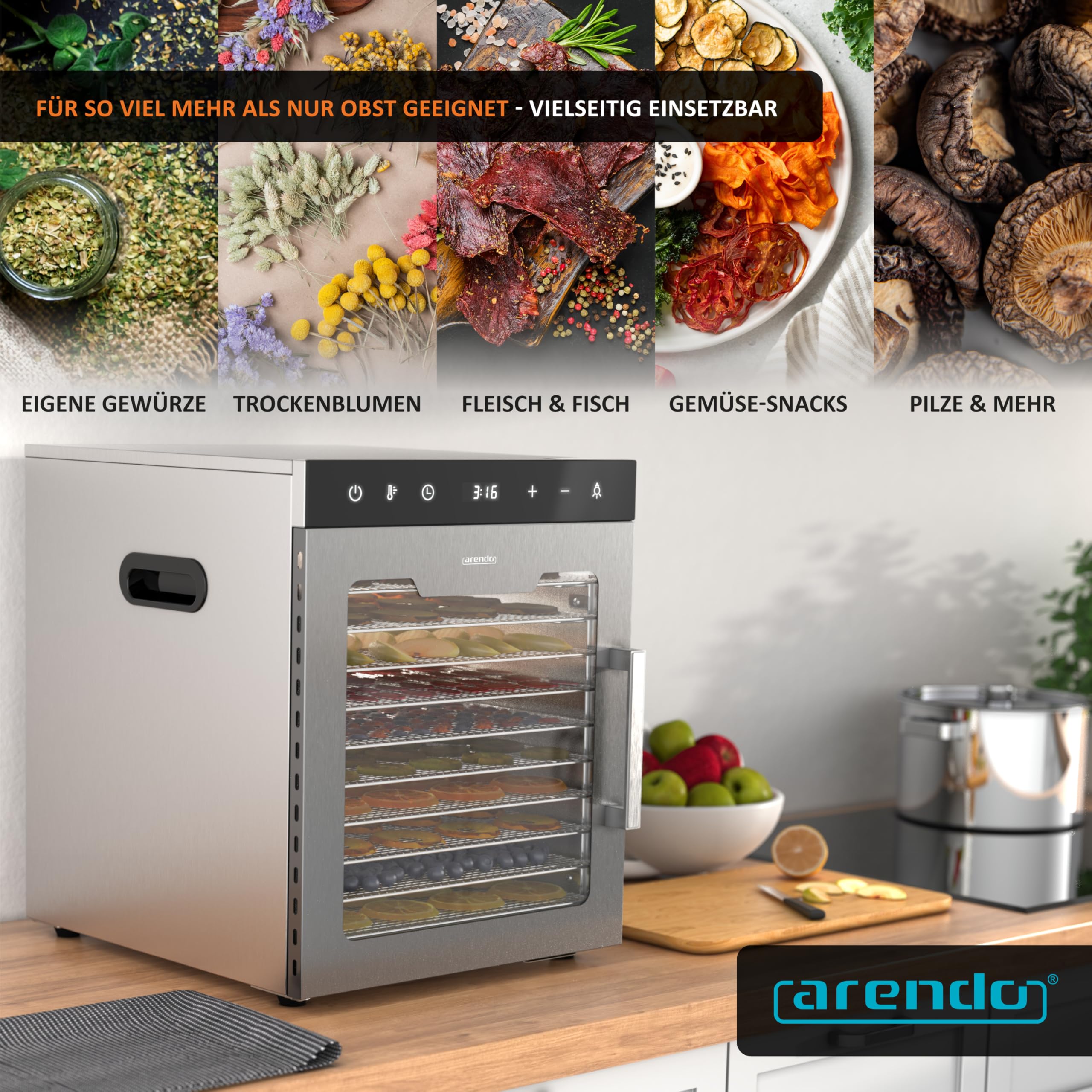 Arendo - Stainless steel dehydrator 8-fold - 500 watts with temperature control - dehydrator for food meat fruits fruit mushrooms - timer up to 24 hours - 8 compartments - GS - dehydratork