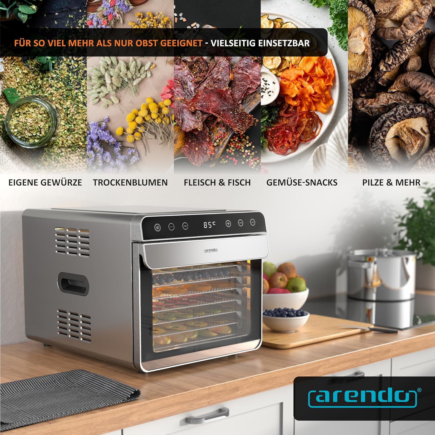 Arendo - Dörrautomat Edelstahl mit 8 Edelstahlgitter - 700 W - 35°-85°C - 8 Edelstahl Einlegetabletts mit insgesamt 6700 cm² - Dörrgerät Dehydrator Obsttrockner Dörrapparat - Obst Fleisch Pilze uvmk