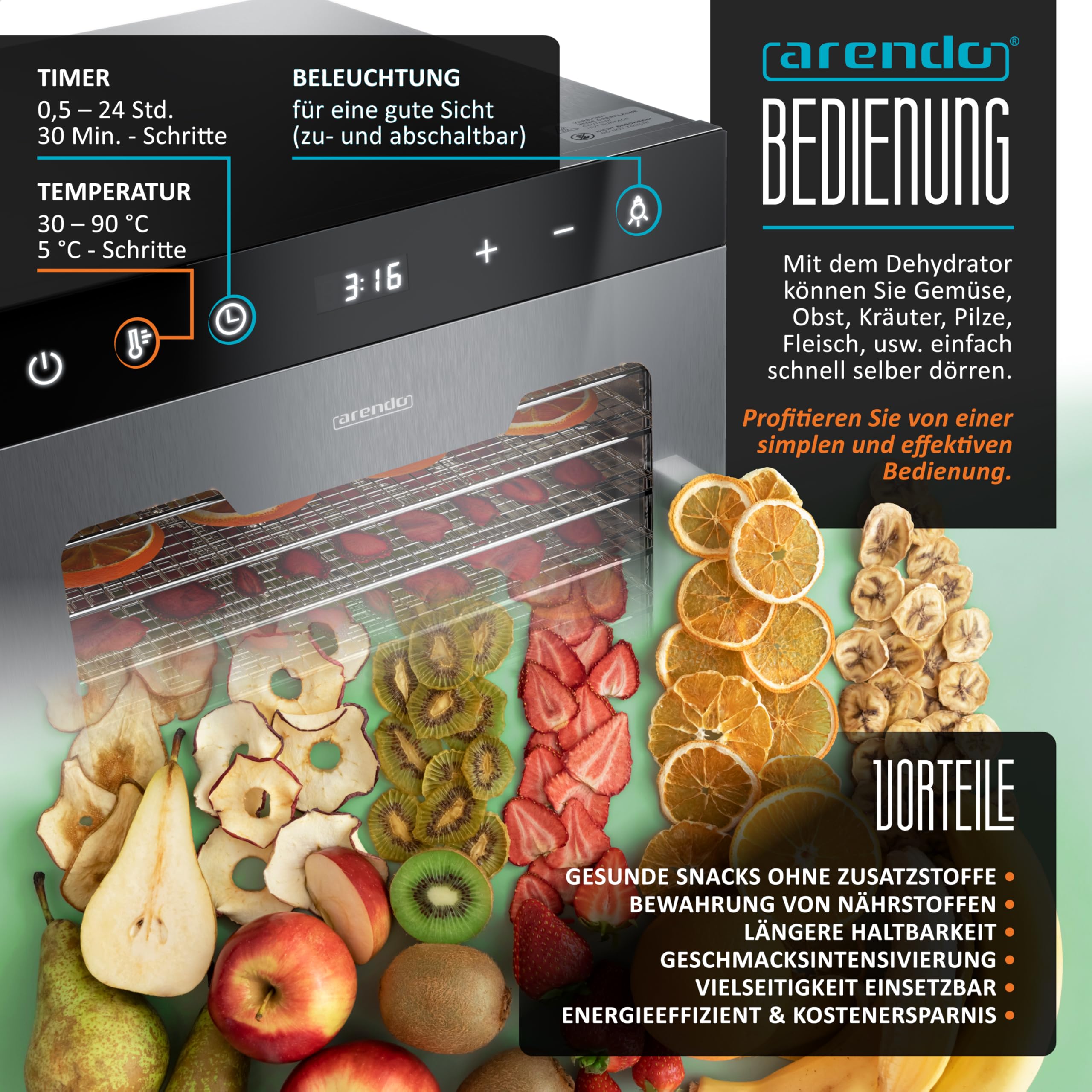 Arendo - Stainless steel dehydrator 8-fold - 500 watts with temperature control - dehydrator for food meat fruits fruit mushrooms - timer up to 24 hours - 8 compartments - GS - dehydratork