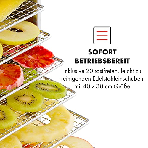 Klarstein Dörrautomat Edelstahl – 4.000-W-Dörrgerät, 48 Edelstahl-Einlegeböden, 30–90 °C, 24-Stunden-Timer, 6 Ventilatoren, 2 Trockenkammern, 50–55 dB, ideal für Obst, Gemüse, Fleisch, Kräuter, Silberk