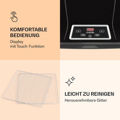 Klarstein Dörrautomat, Dörrgerät, Food Dehydrator, Dörrautomat aus Metall, Dehydrator Food Dryer, 9 Ablagen, 700 Watt, Touch-Display, Timer, Edelstahlheizelement, HotAir Circulation System, Schwarzk