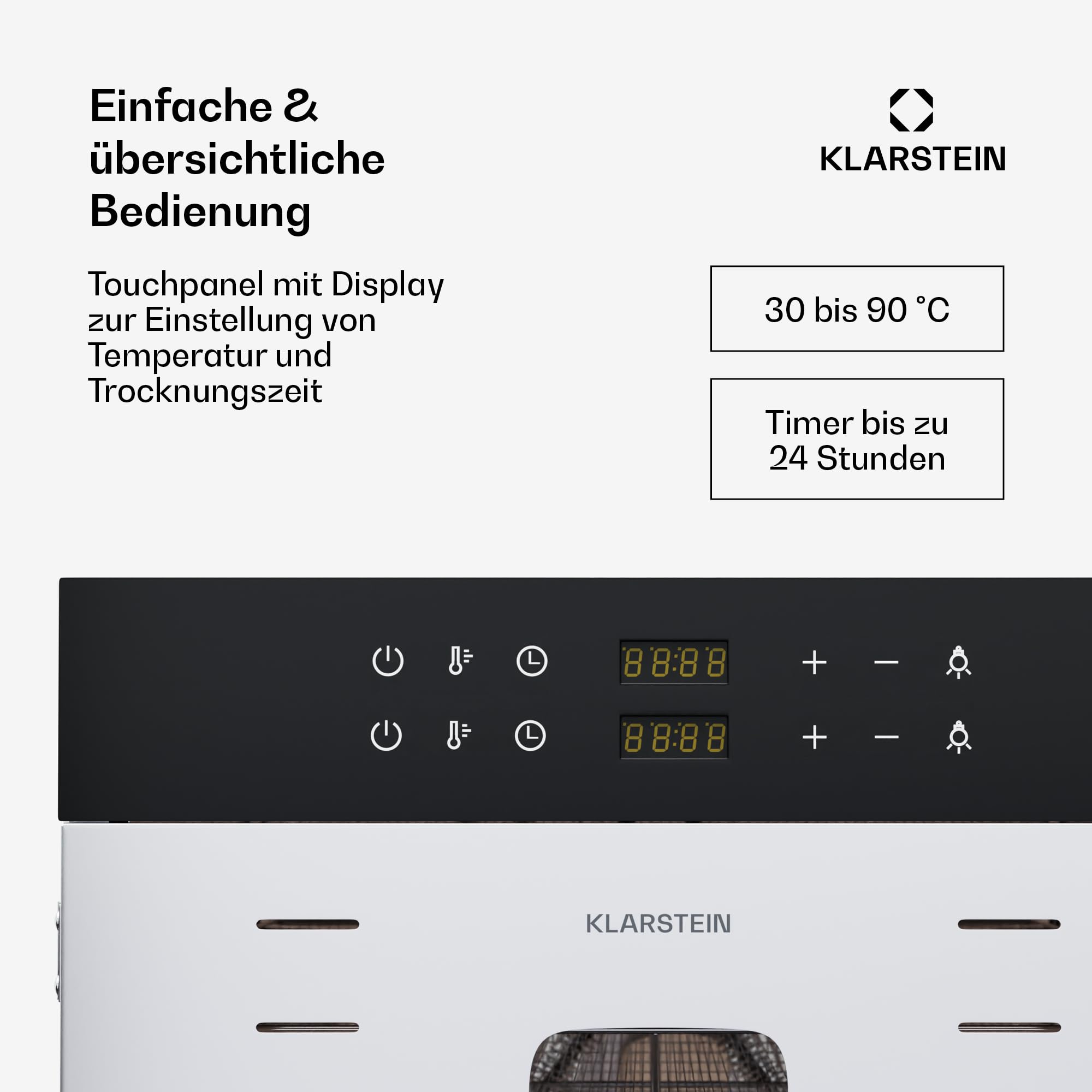 Klarstein Dörrautomat Edelstahl – 4.000-W-Dörrgerät, 48 Edelstahl-Einlegeböden, 30–90 °C, 24-Stunden-Timer, 6 Ventilatoren, 2 Trockenkammern, 50–55 dB, ideal für Obst, Gemüse, Fleisch, Kräuter, Silberk